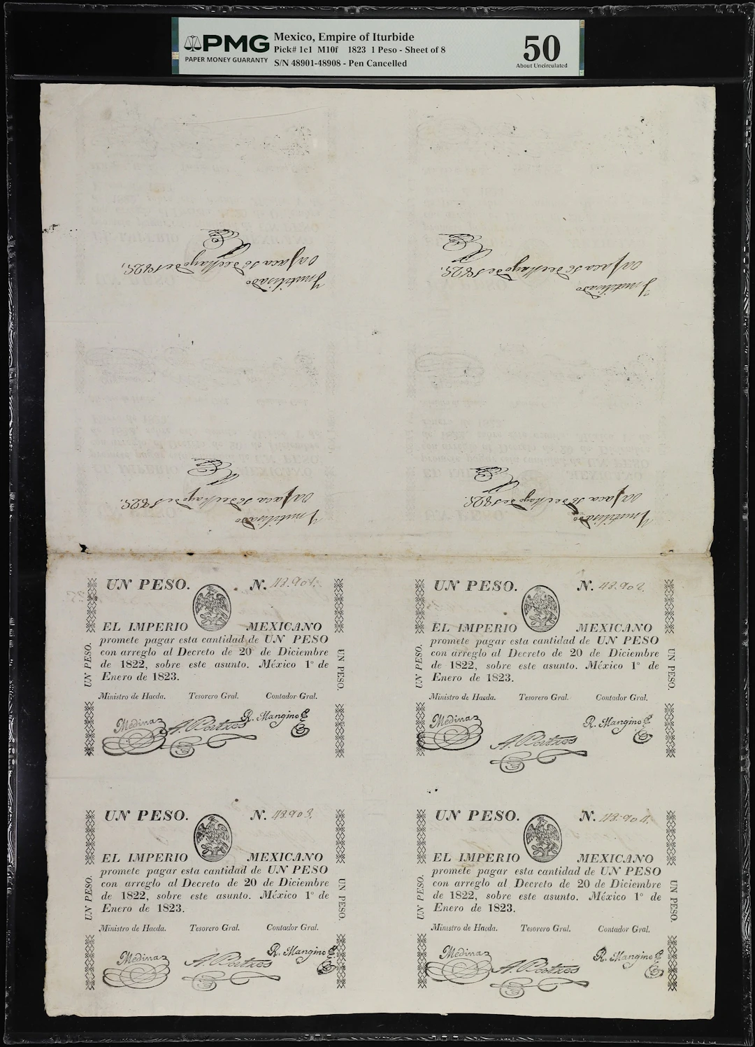MEXICO. Uncut Sheet of (8). Empire of Iturbide. 1 Peso, 1.1.1823.