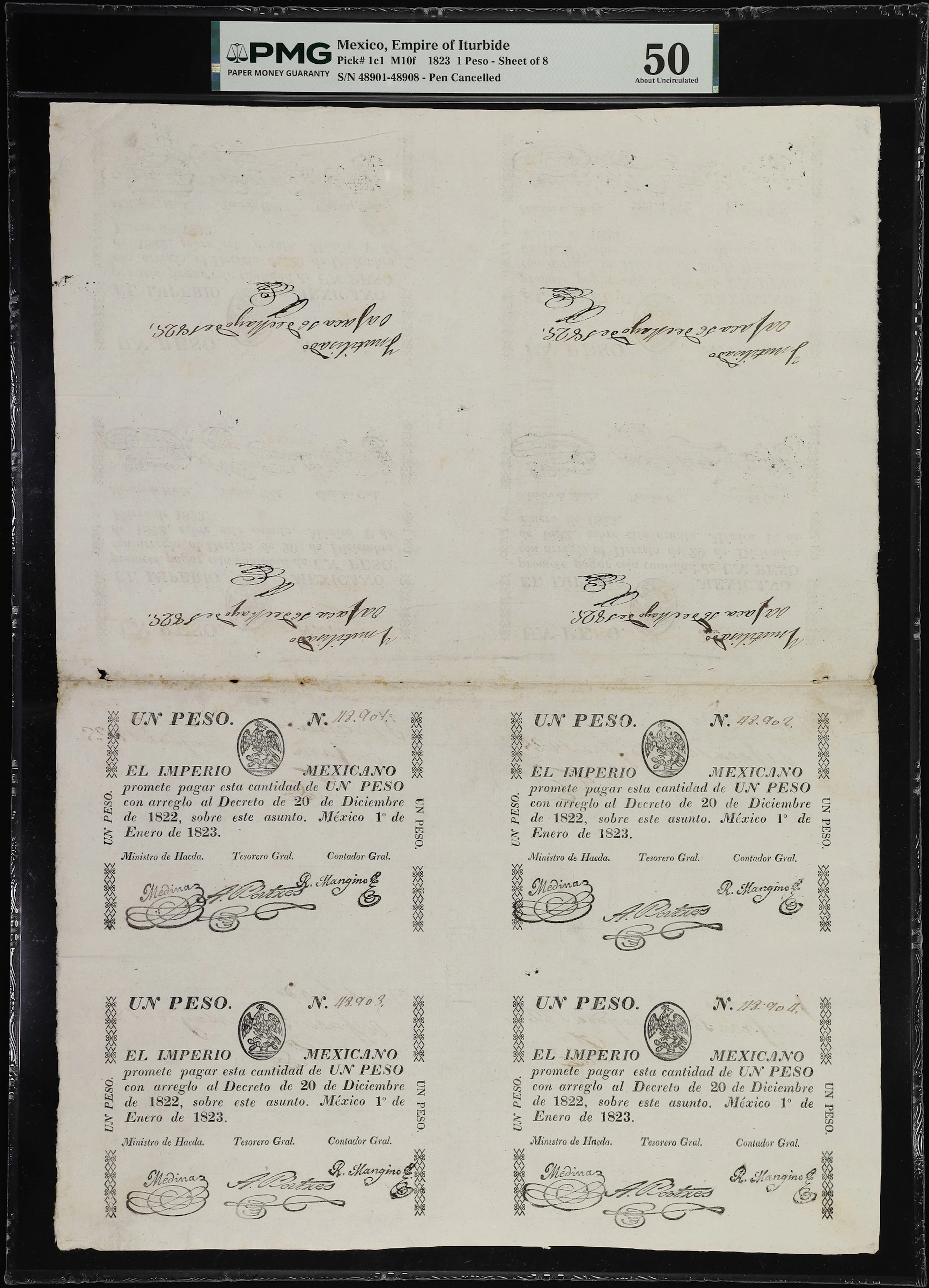 MEXICO. Uncut Sheet of (8). Empire of Iturbide. 1 Peso, 1.1.1823.