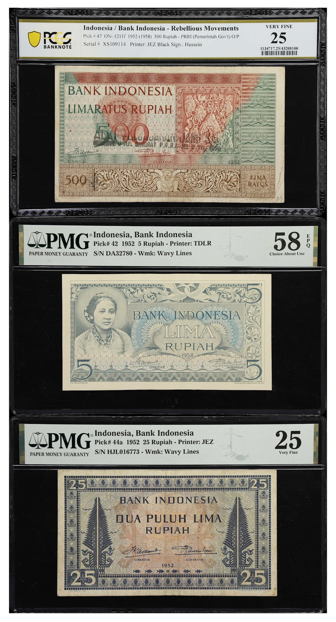 INDONESIA. Lot of (3). Bank Indonesia. 5, 25, & 500 Rupiah, 1952.