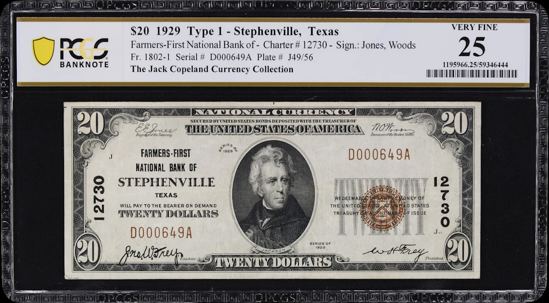 Stephenville, Texas. $20 1929 Ty. 1. Fr. 1802-1. Farmers-First NB.