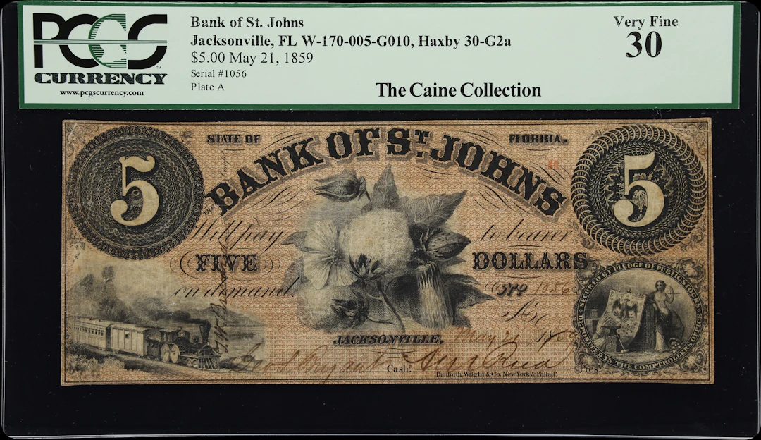 Jacksonville, Florida. Bank of St. Johns. 1859 $5. PCGS Currency Very Fine 30.