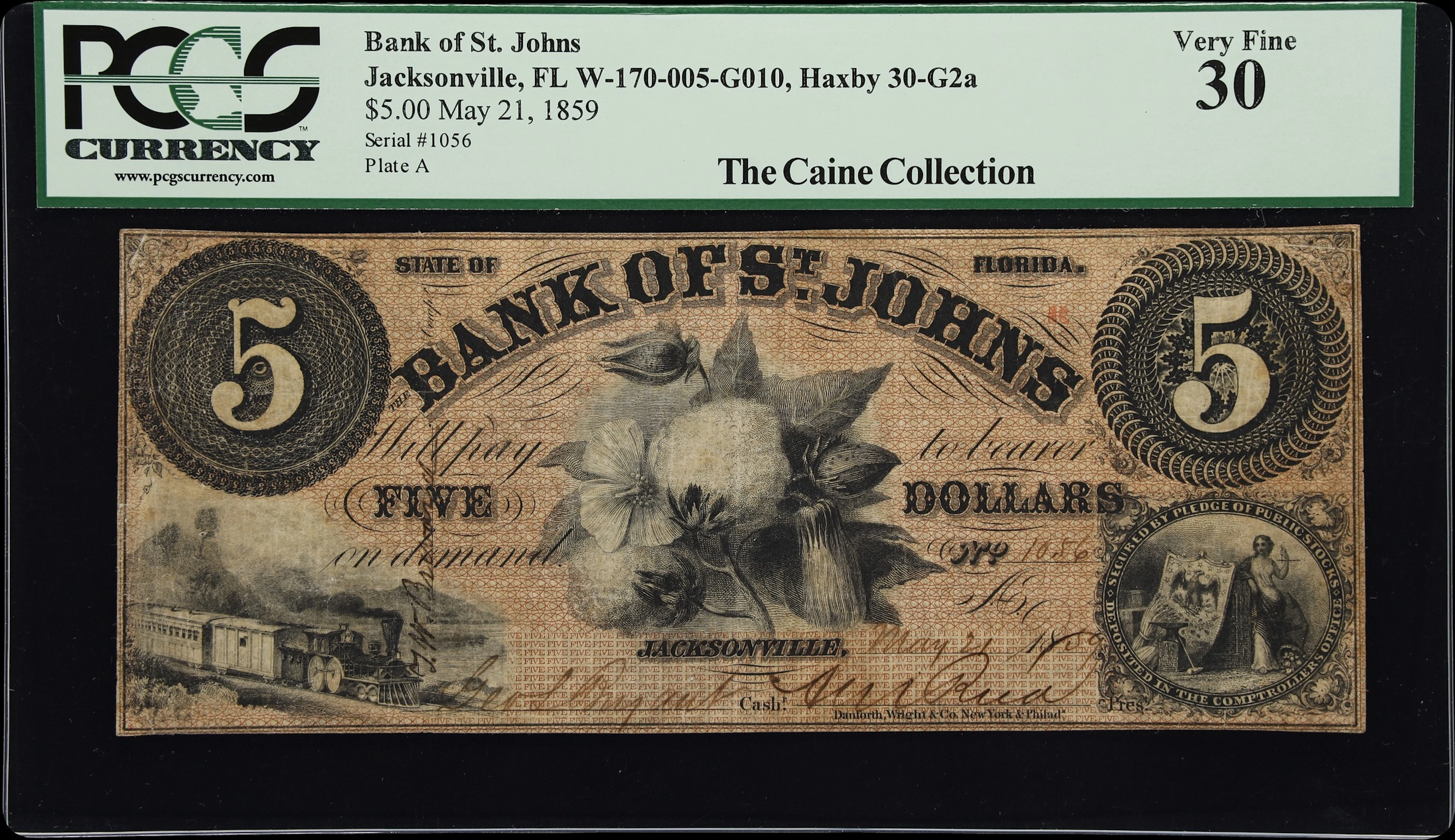Jacksonville, Florida. Bank of St. Johns. 1859 $5. PCGS Currency Very Fine 30.