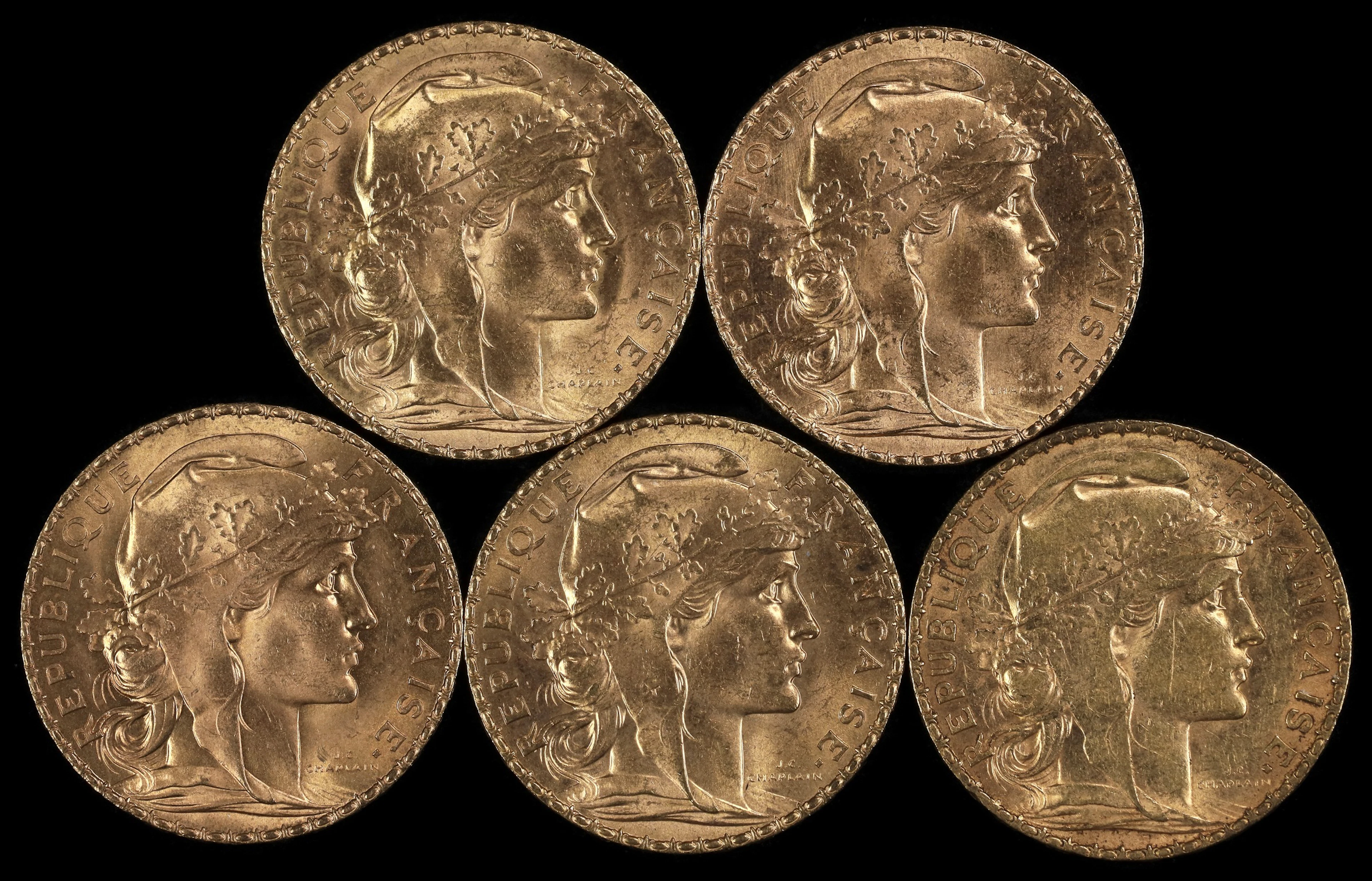 (0.935 oz, 29.082 g AGW). France. Lot of (5) Mixed Date Gold 20 Francs.