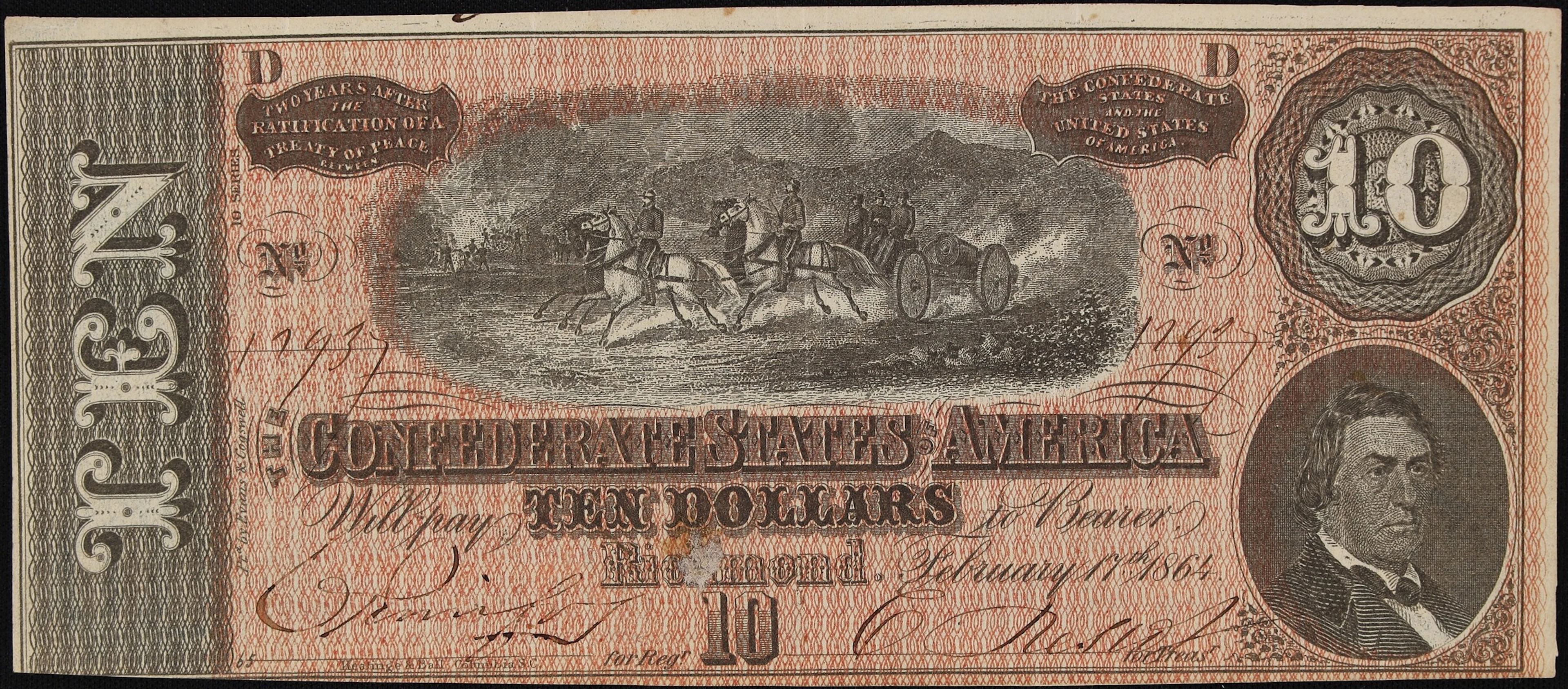 T-68. Confederate Currency. 1864 $10. Choice Extremely Fine.