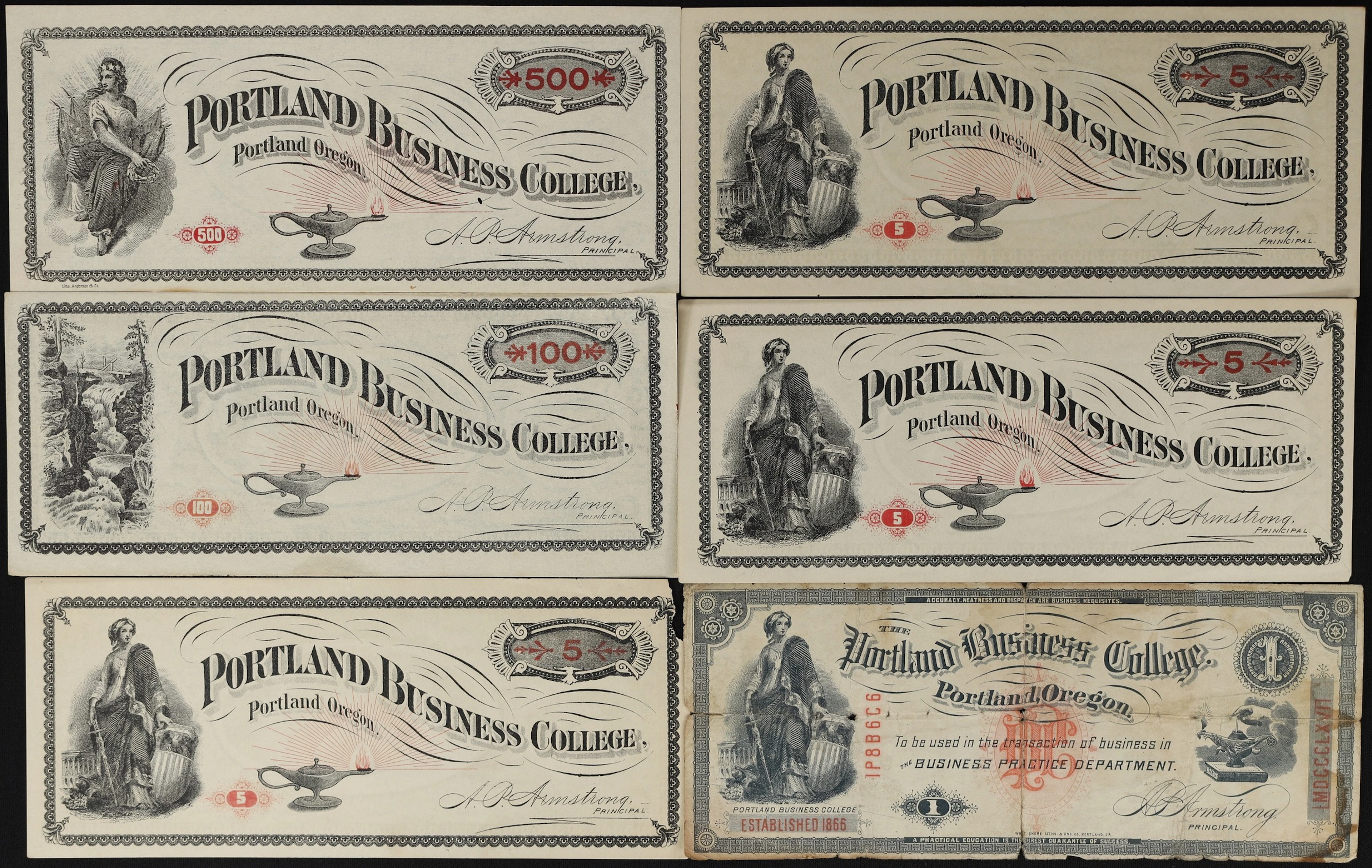 Lot of (6) Portland, Oregon. Portland Business College. ND Mixed Denominations.