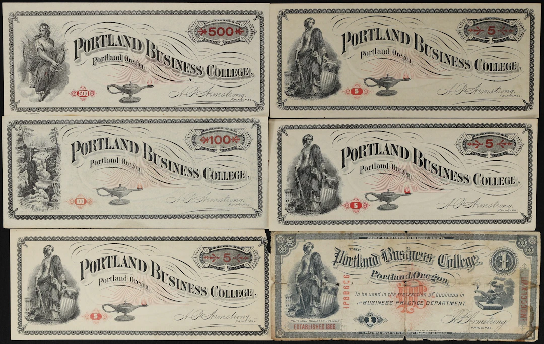 Lot of (6) Portland, Oregon. Portland Business College. ND Mixed Denominations.