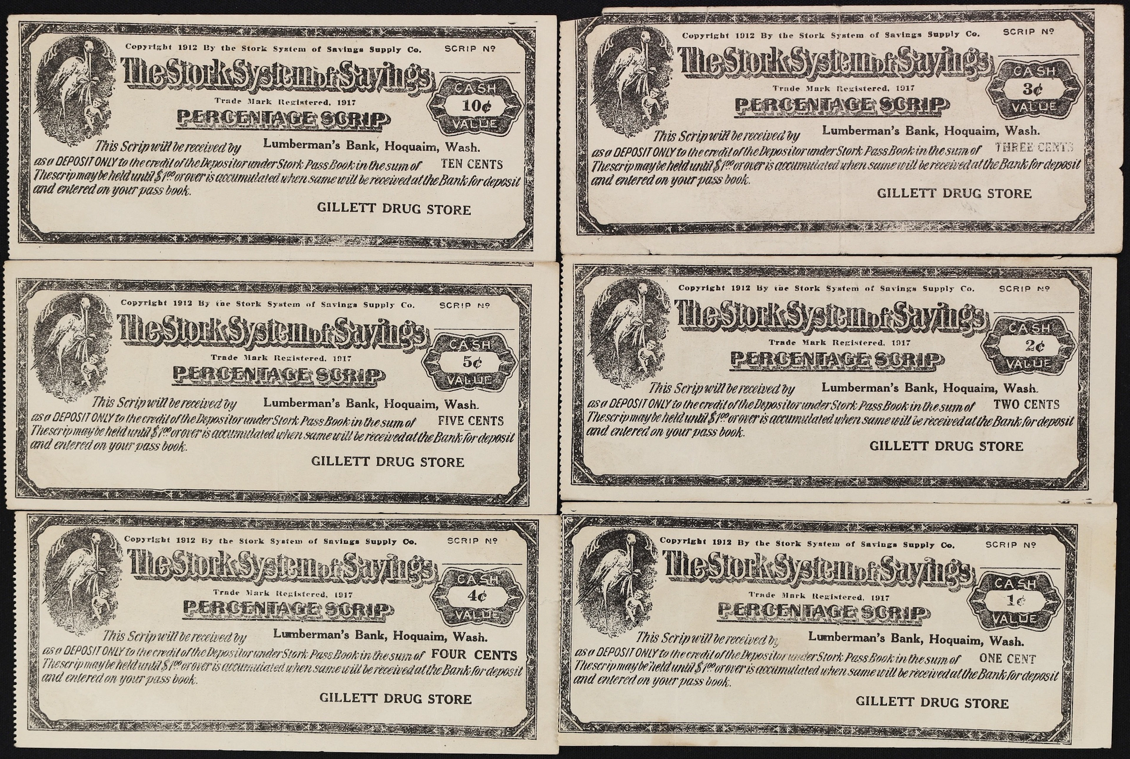 Lot of (6) Hoquaim, Washington. Lumberman's Bank - Stork System of