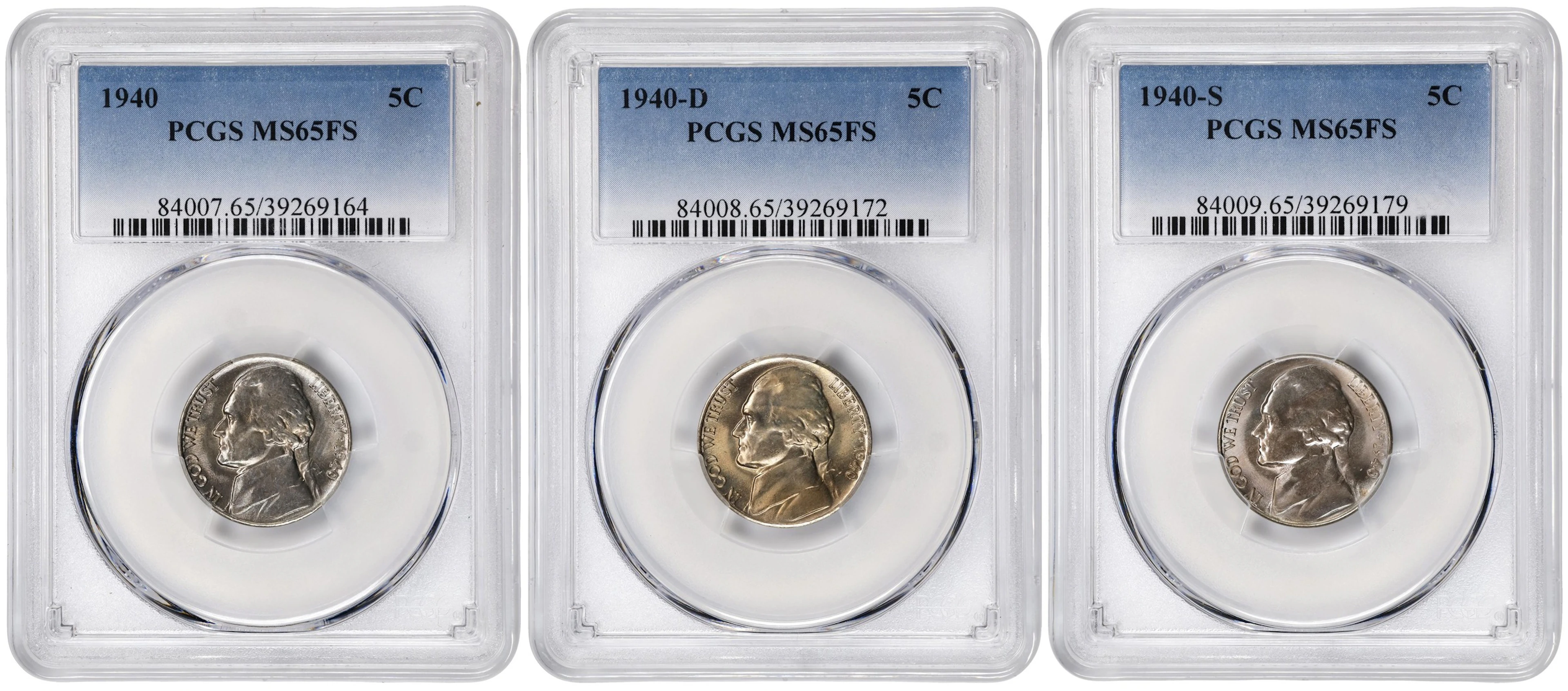 1940 Jefferson Nickel. PDS Set. MS-65 FS (PCGS).
