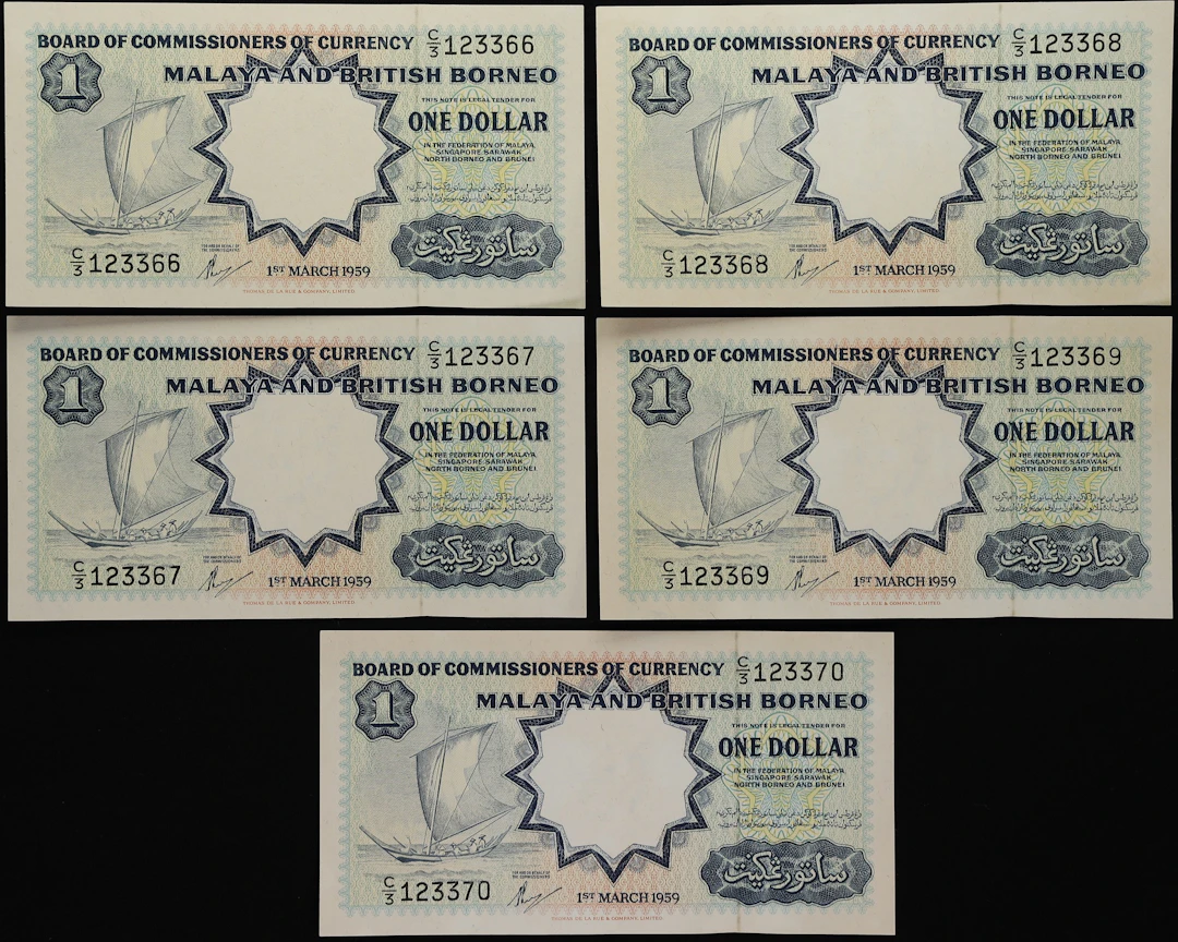 MALAYA AND BRITISH BORNEO. Lot of (5). Board of Commissioners of Currency.