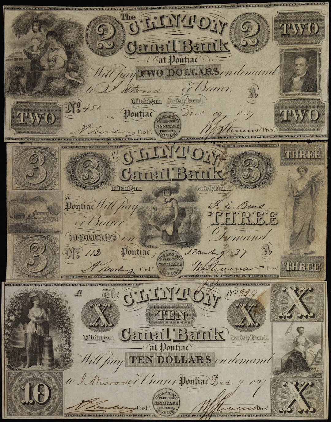 Lot of (3) Pontiac, Michigan. Clinton Canal Bank of Pontiac. 1837