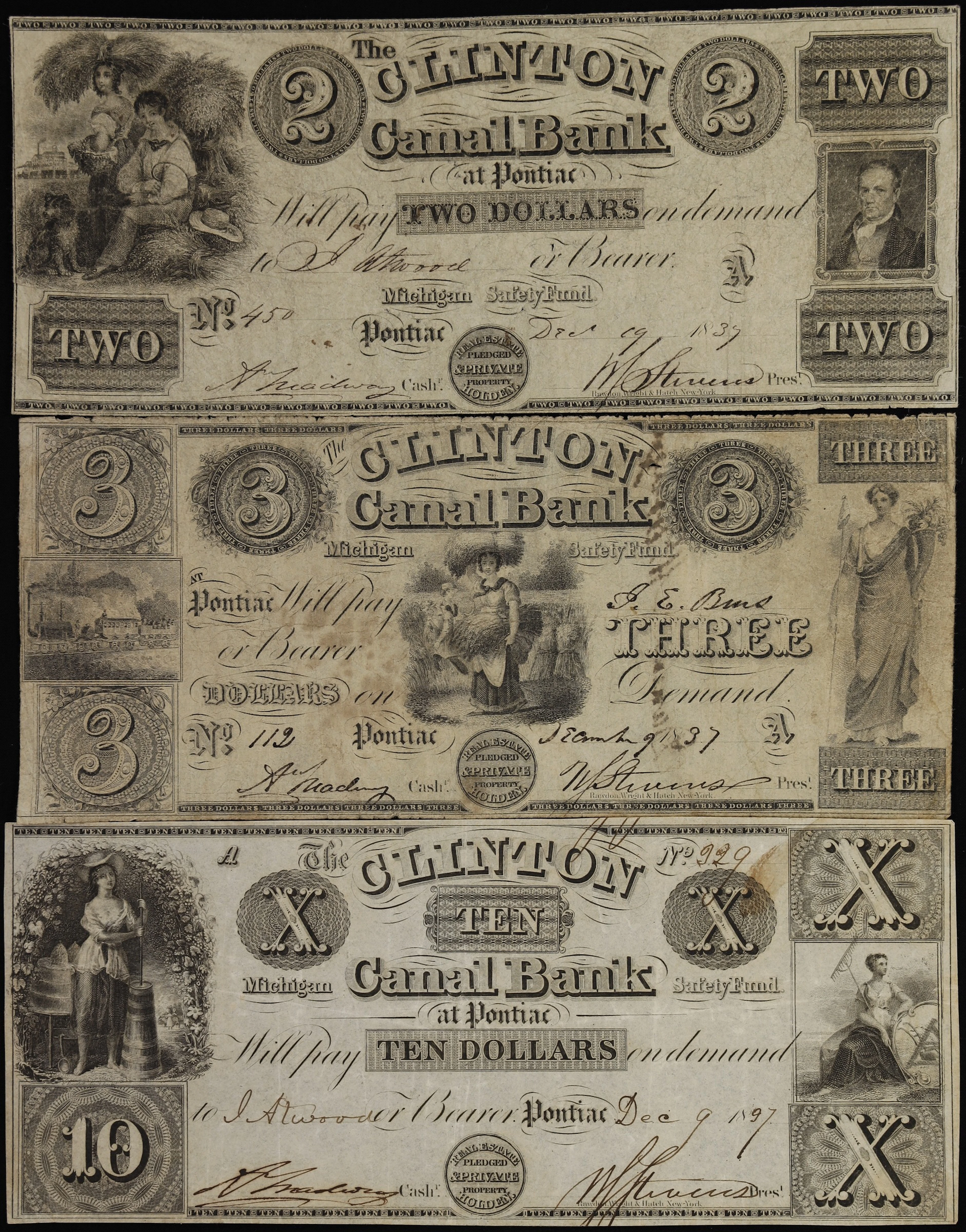 Lot of (3) Pontiac, Michigan. Clinton Canal Bank of Pontiac. 1837