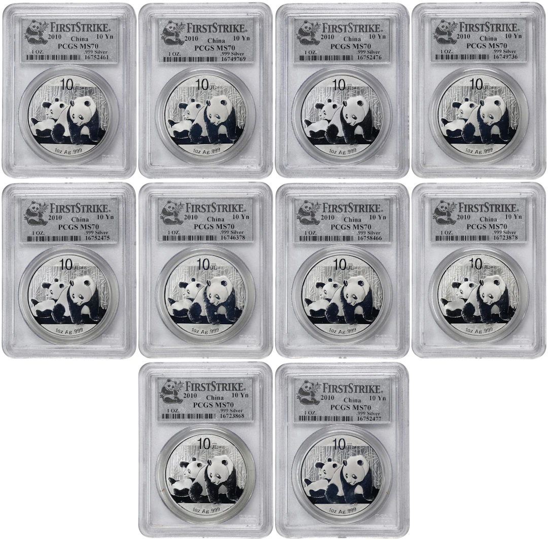 CHINA. Group of Silver 10 Yuan (10 Pieces), 2010. Panda Series. All
