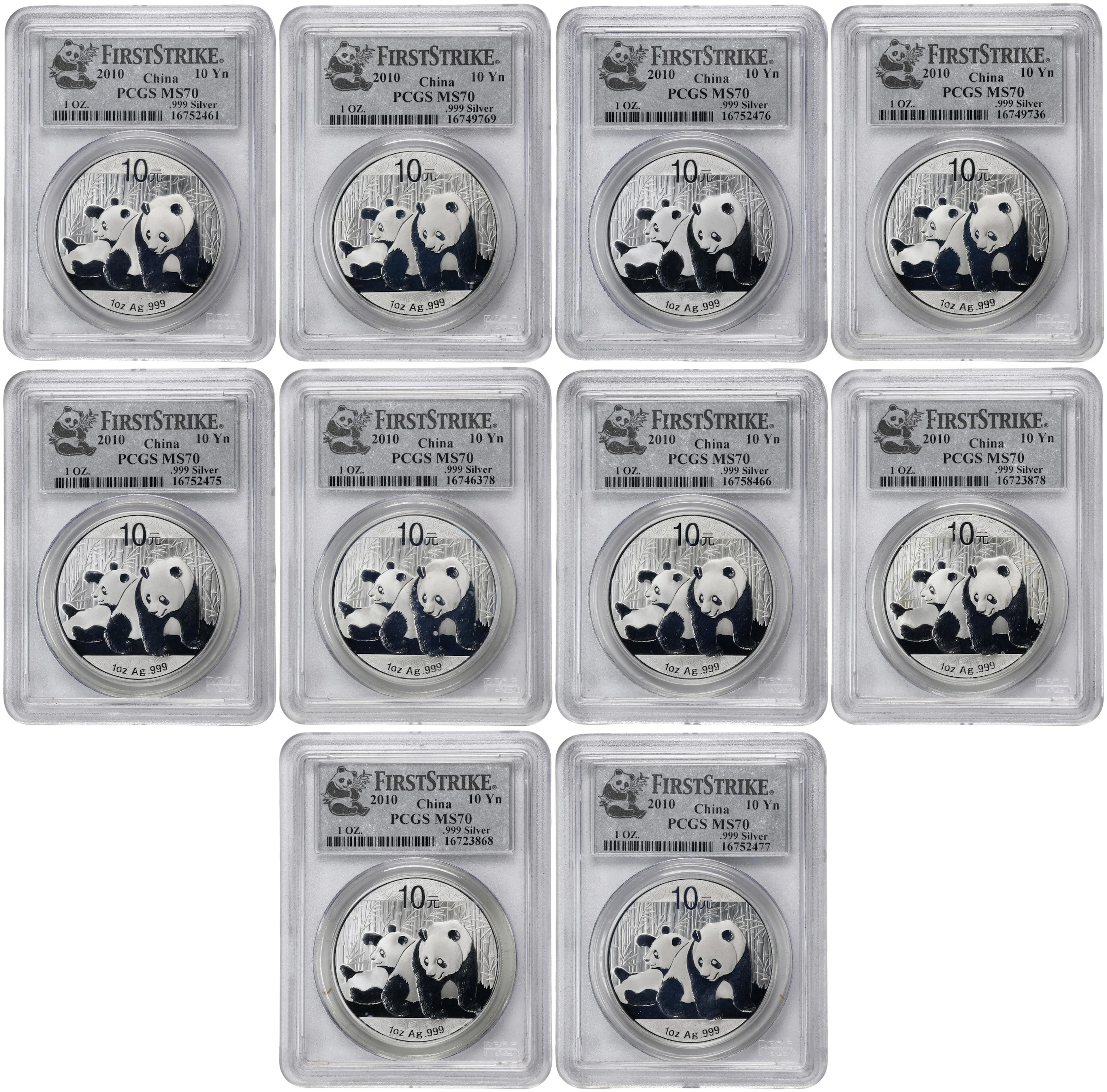 CHINA. Group of Silver 10 Yuan (10 Pieces), 2010. Panda Series. All