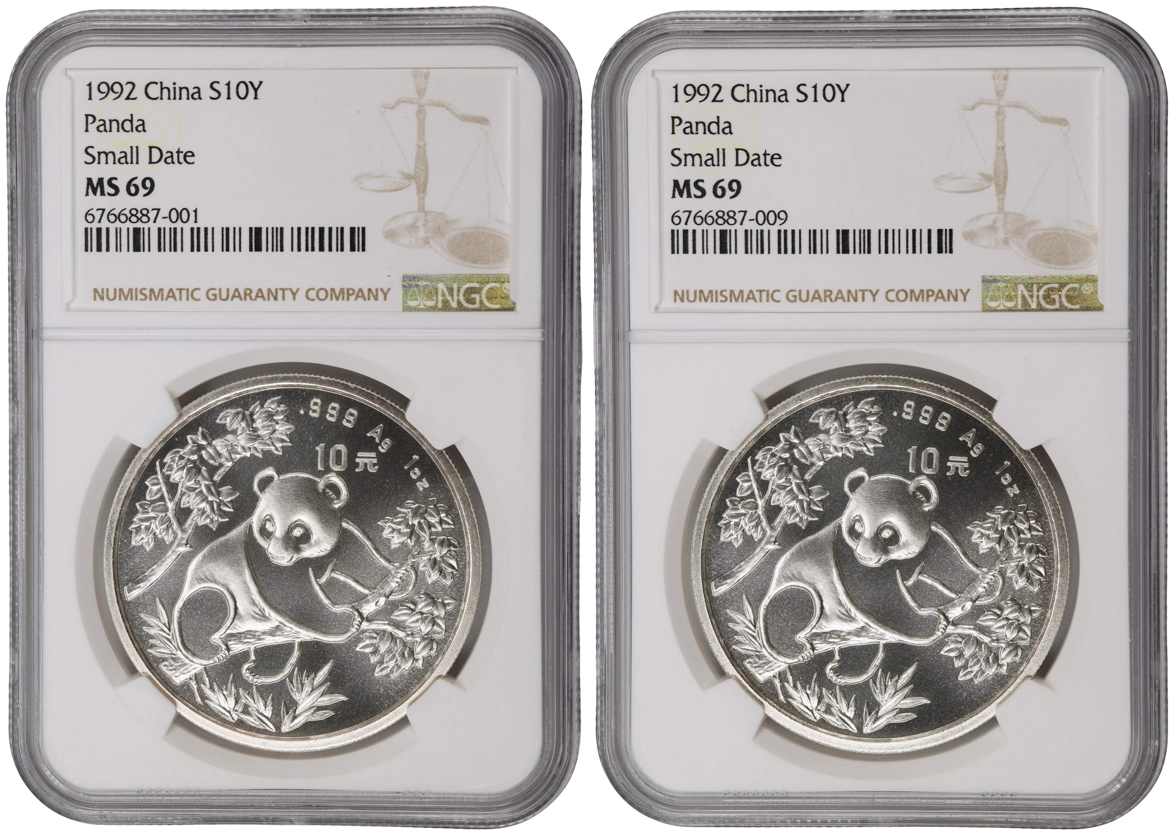 (t) CHINA. Duo of Silver 10 Yuan (2 Pieces), 1992. Panda Series. Both