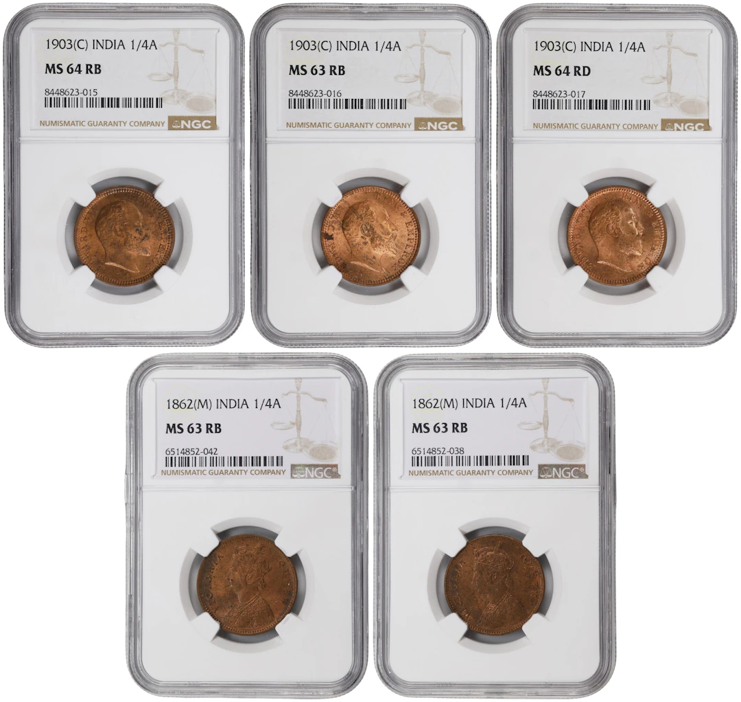 INDIA. Quintet of 1/4 Annas (5 Pieces), 1862-1903. All NGC Certified.