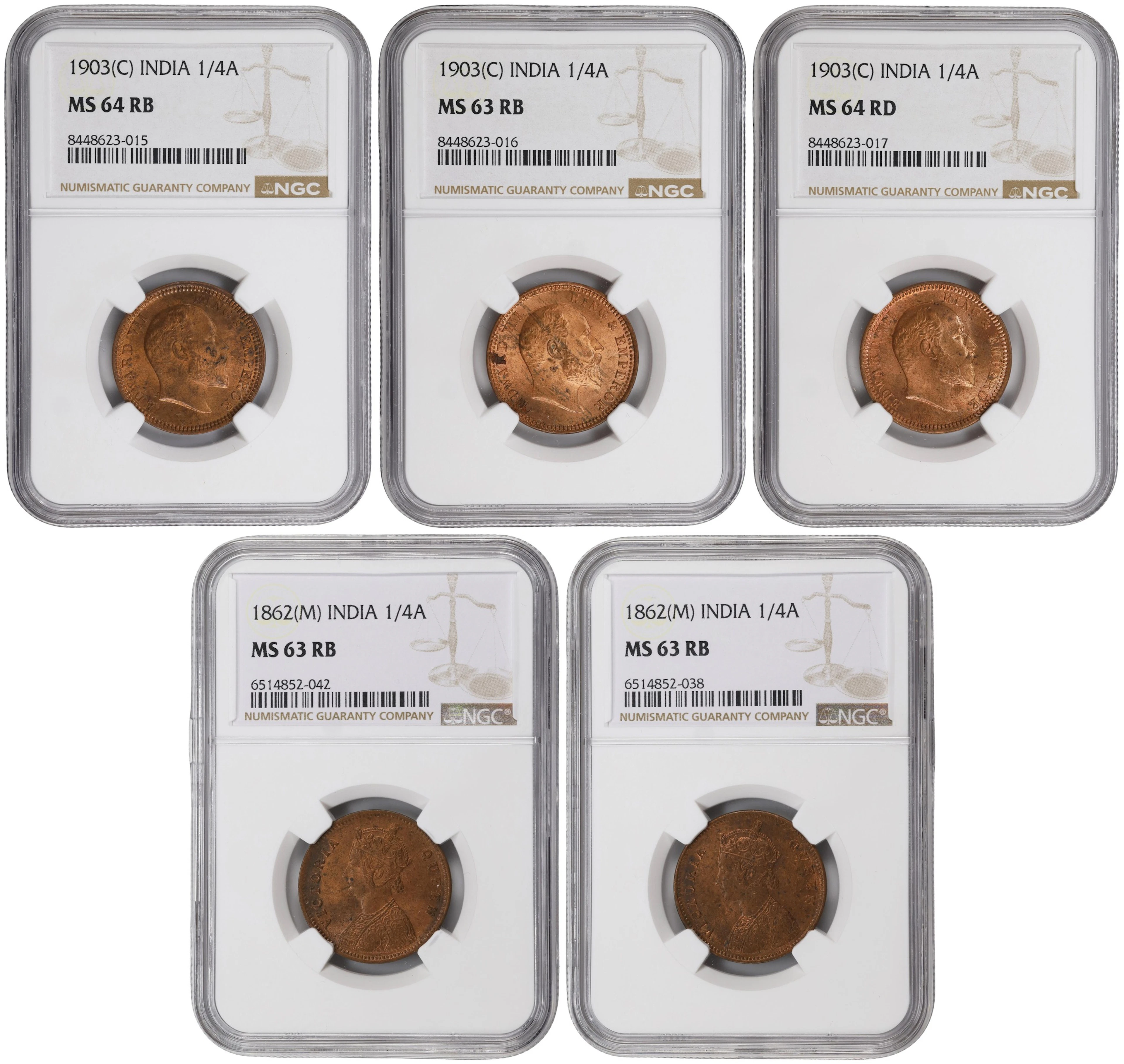 INDIA. Quintet of 1/4 Annas (5 Pieces), 1862-1903. All NGC Certified.