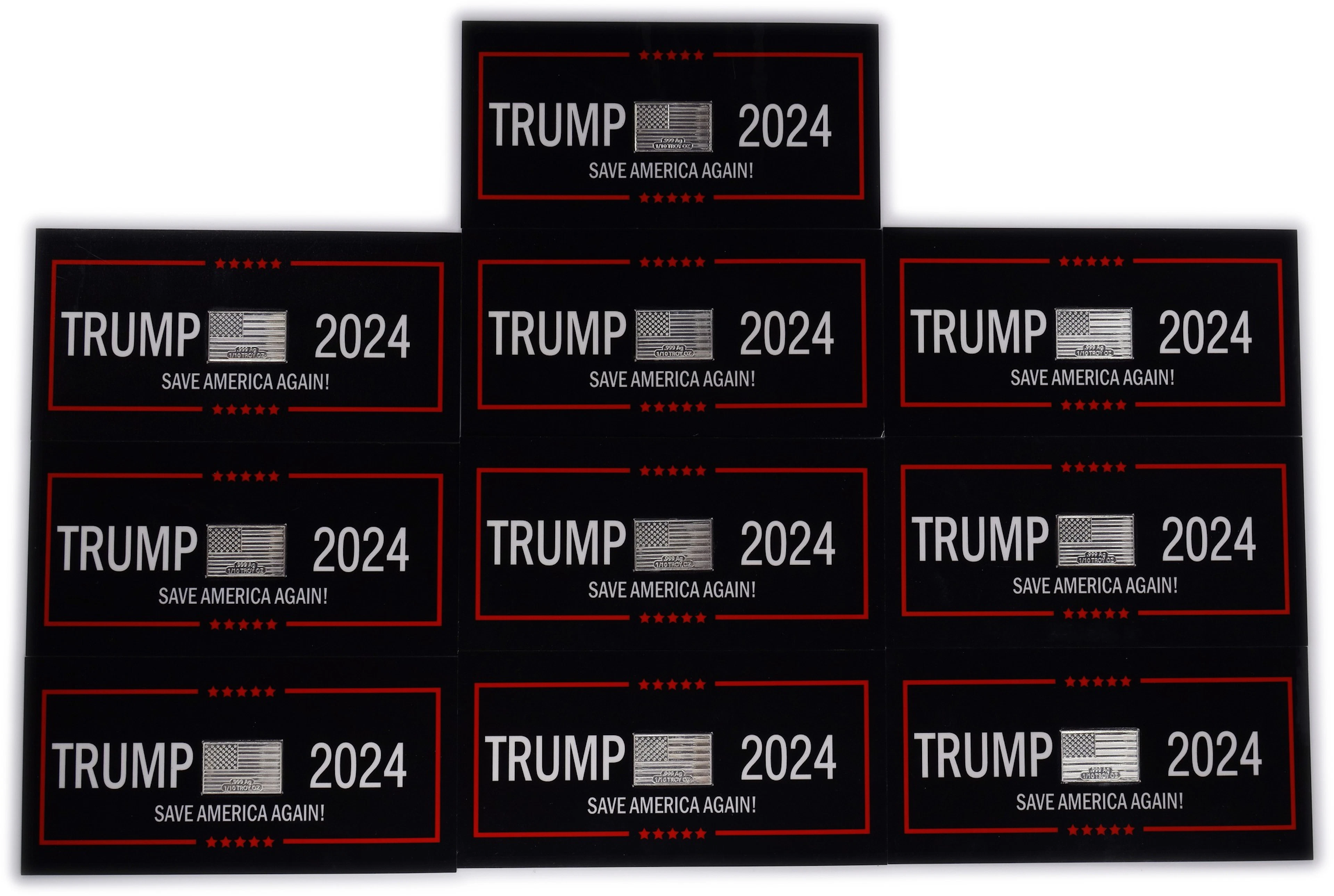 (1 oz, 31.104 g ASW). Lot of (10) Trump 2024 1/10 oz Silver Bars.
