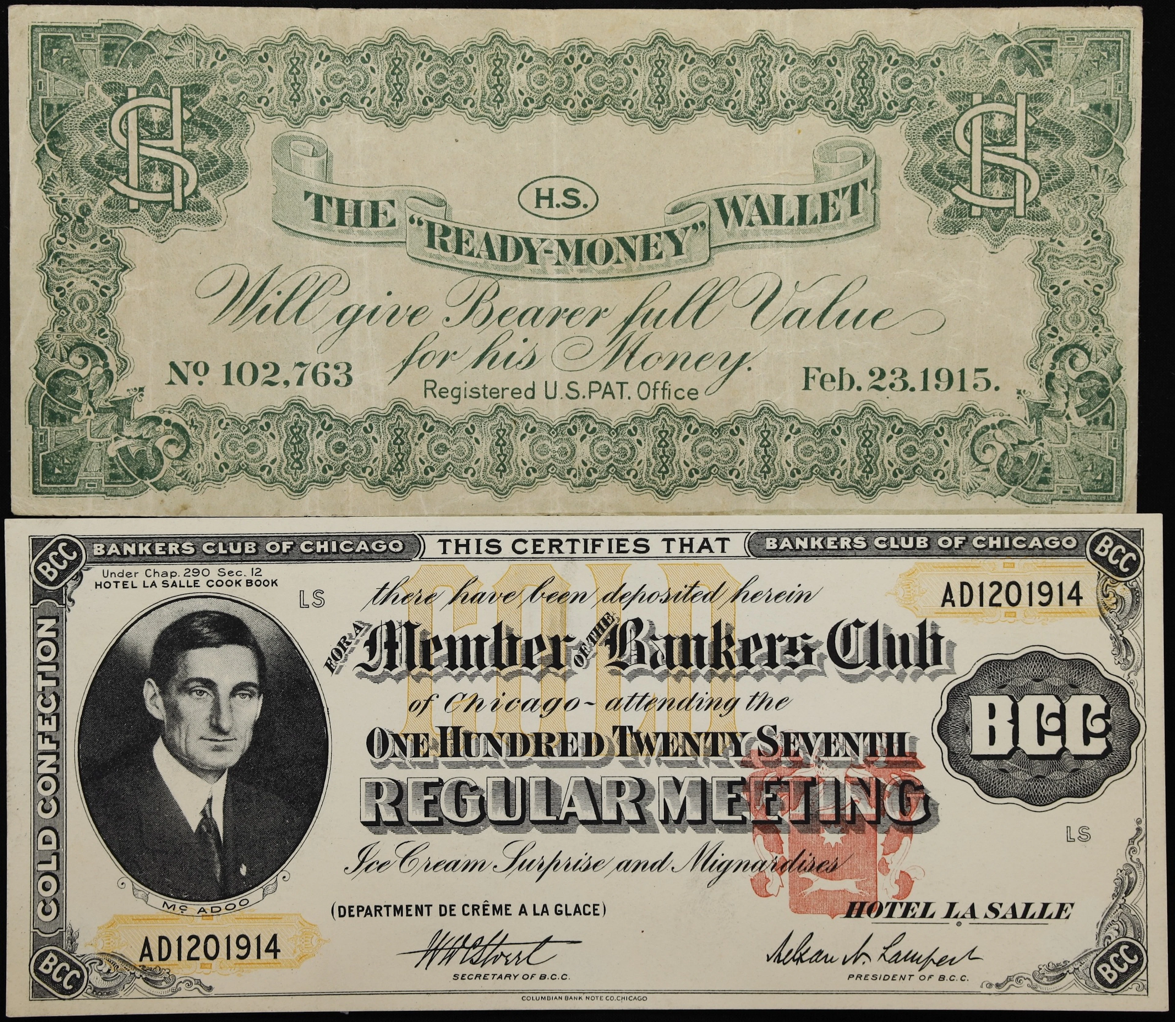 Lot of (2) Advertising Notes. Bankers Club of Chicago & "Ready Money"