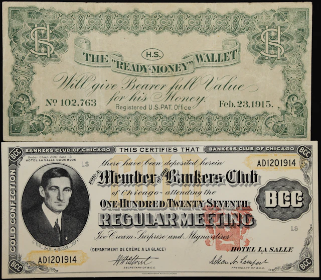 Lot of (2) Advertising Notes. Bankers Club of Chicago & "Ready Money"