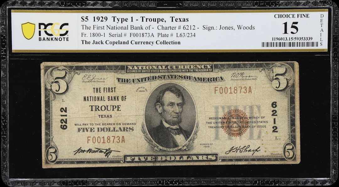 Troupe, Texas. $5 1929 Ty. 1. Fr. 1800-1. First NB. Charter #6212.