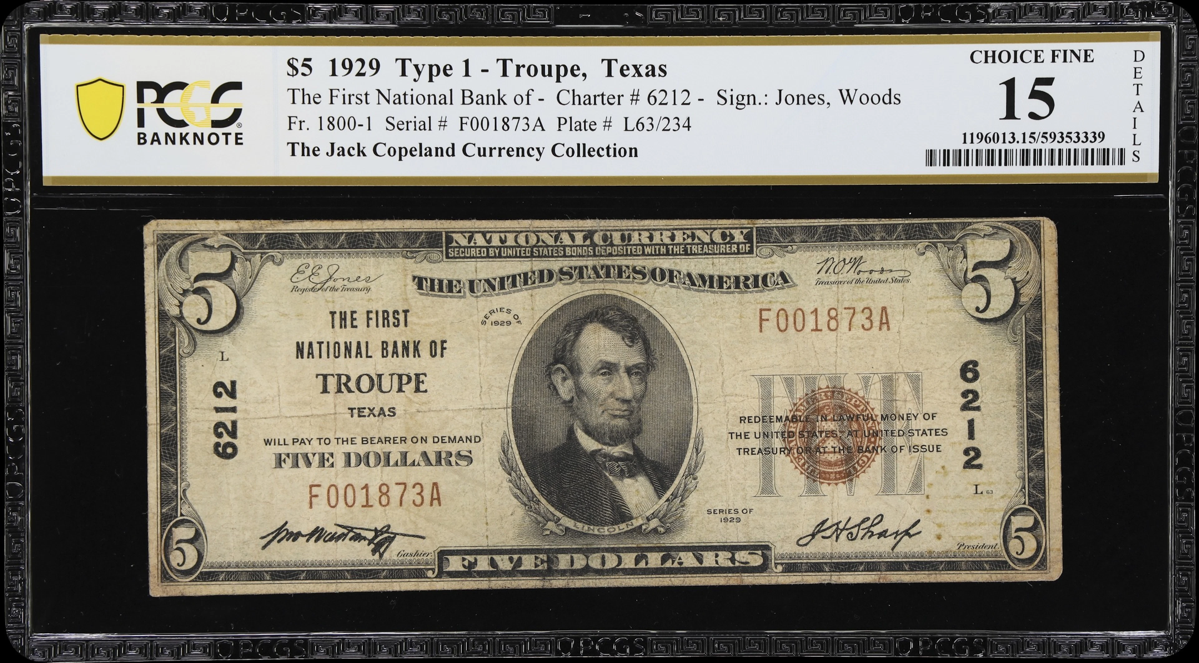 Troupe, Texas. $5 1929 Ty. 1. Fr. 1800-1. First NB. Charter #6212.