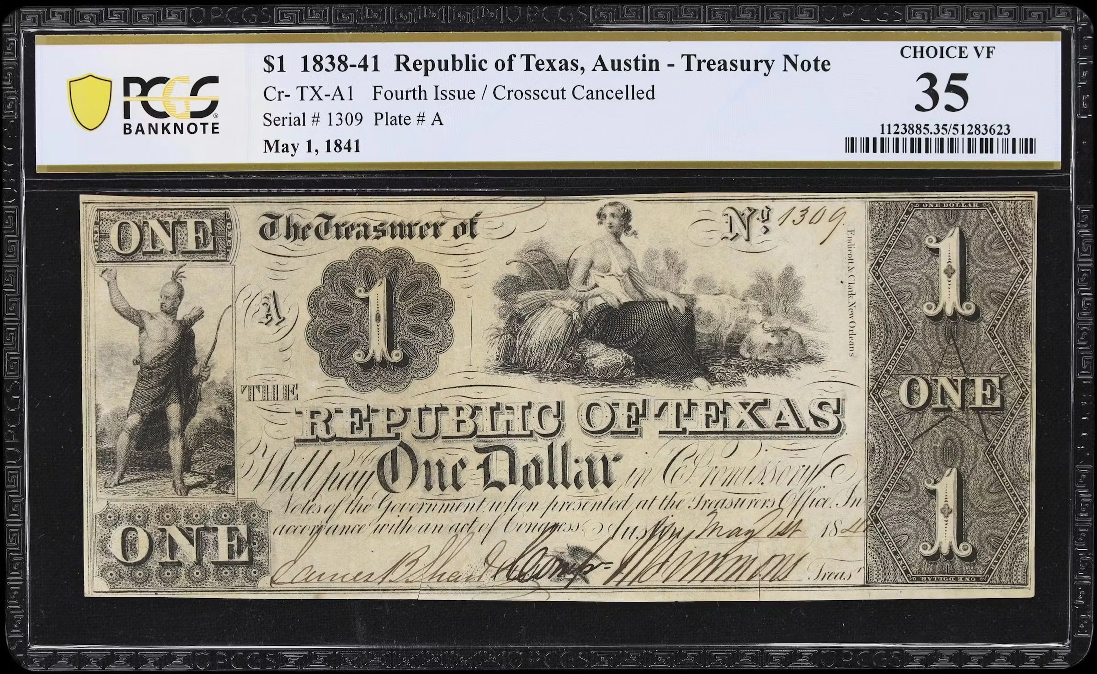 Austin, Texas. Republic of Texas. 1841 $1. PCGS Banknote Choice Very