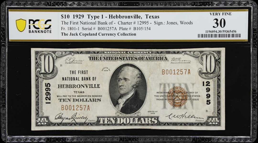 Hebbronville, Texas. $10 1929 Ty. 1. Fr. 1801-1. First NB. Charter