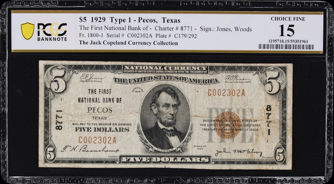 Pecos, Texas. $5 1929 Ty. 1. Fr. 1800-1. First NB. Charter #8771.