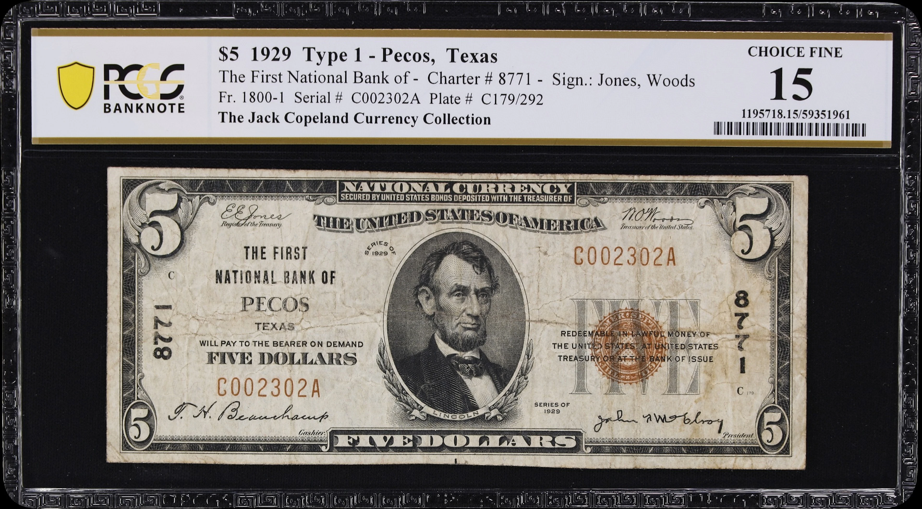 Pecos, Texas. $5 1929 Ty. 1. Fr. 1800-1. First NB. Charter #8771.