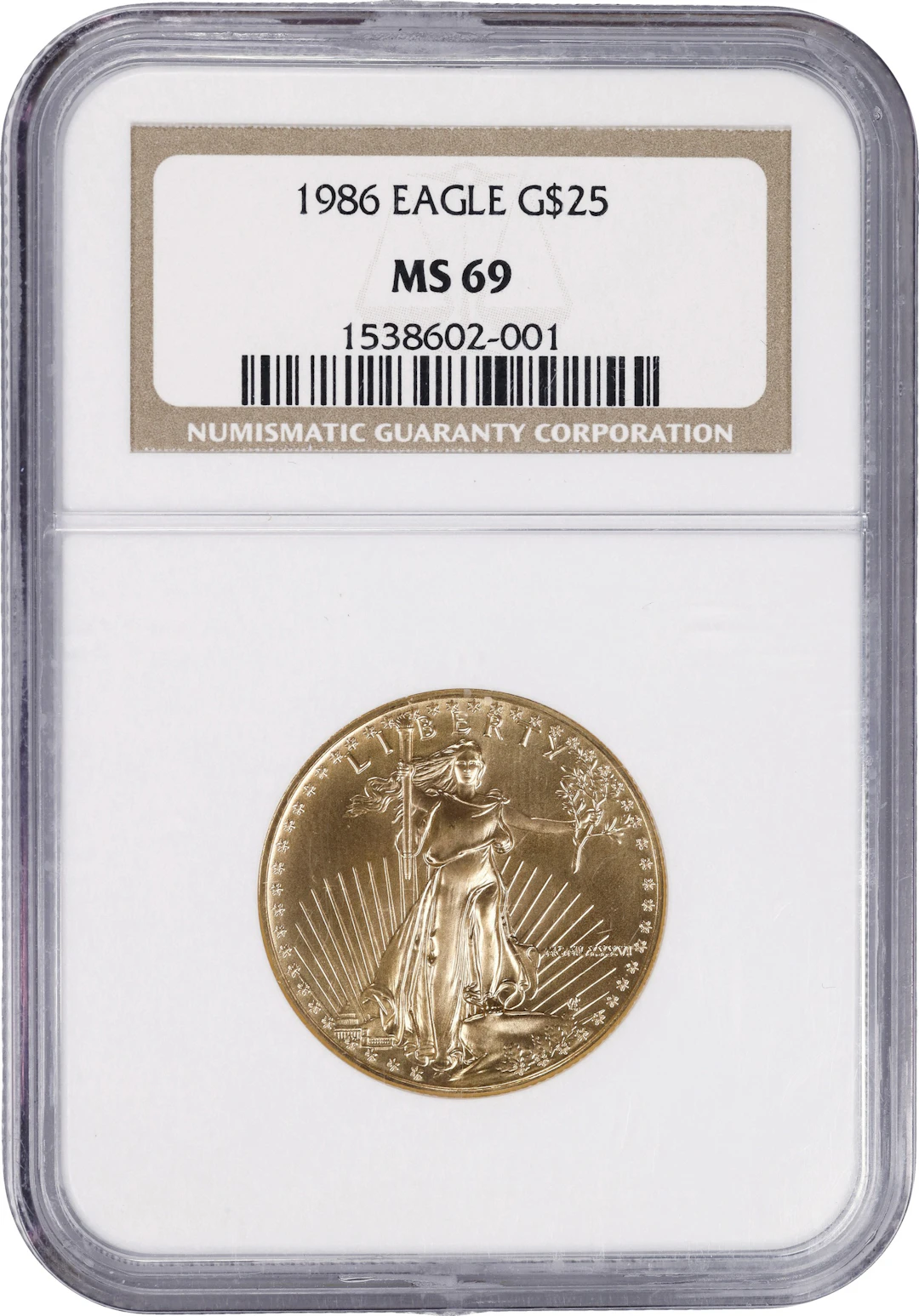 (0.5 oz, 15.552 g AGW). 1986 American Gold Eagle $25. MS-69 (NGC).