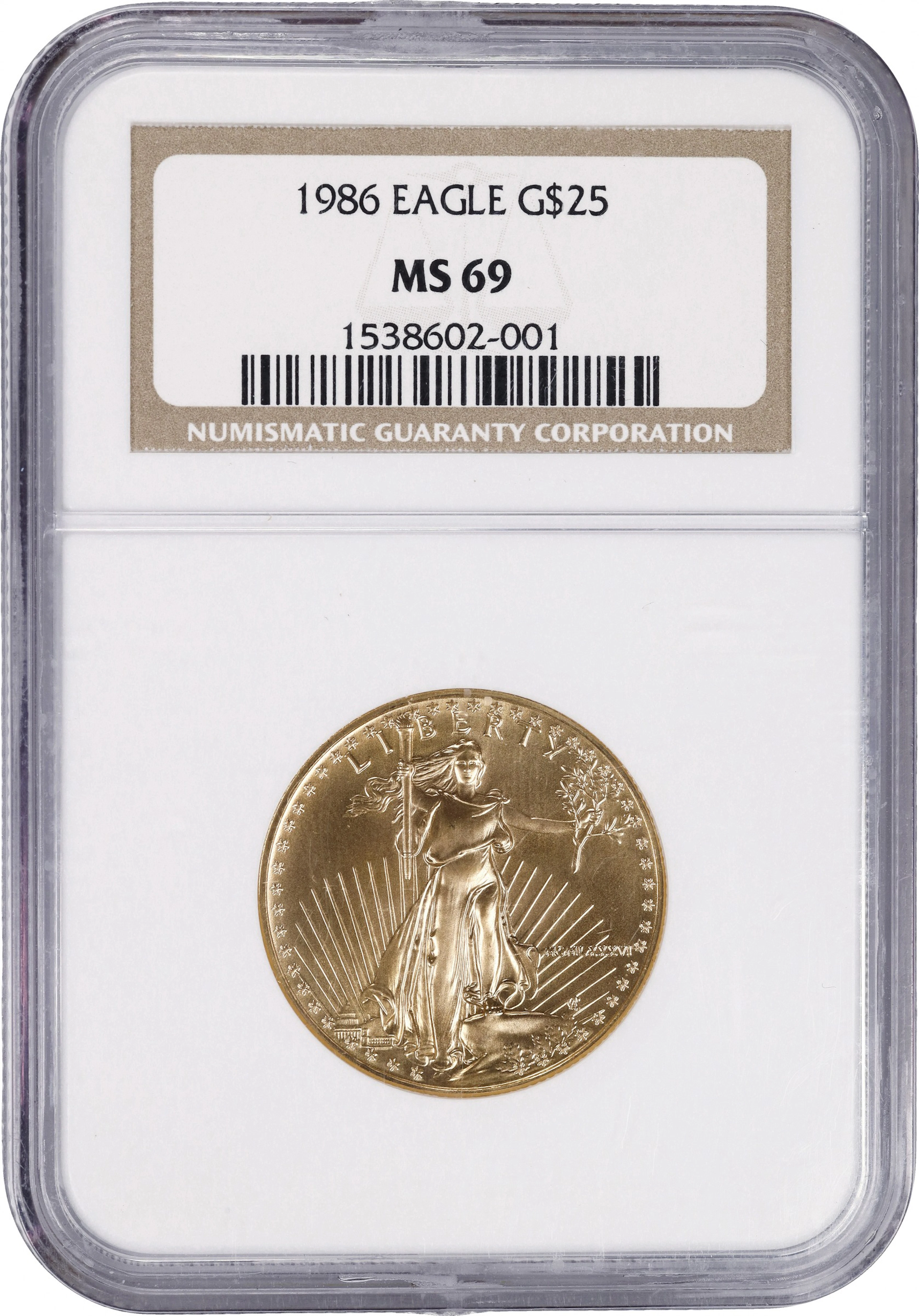 (0.5 oz, 15.552 g AGW). 1986 American Gold Eagle $25. MS-69 (NGC).