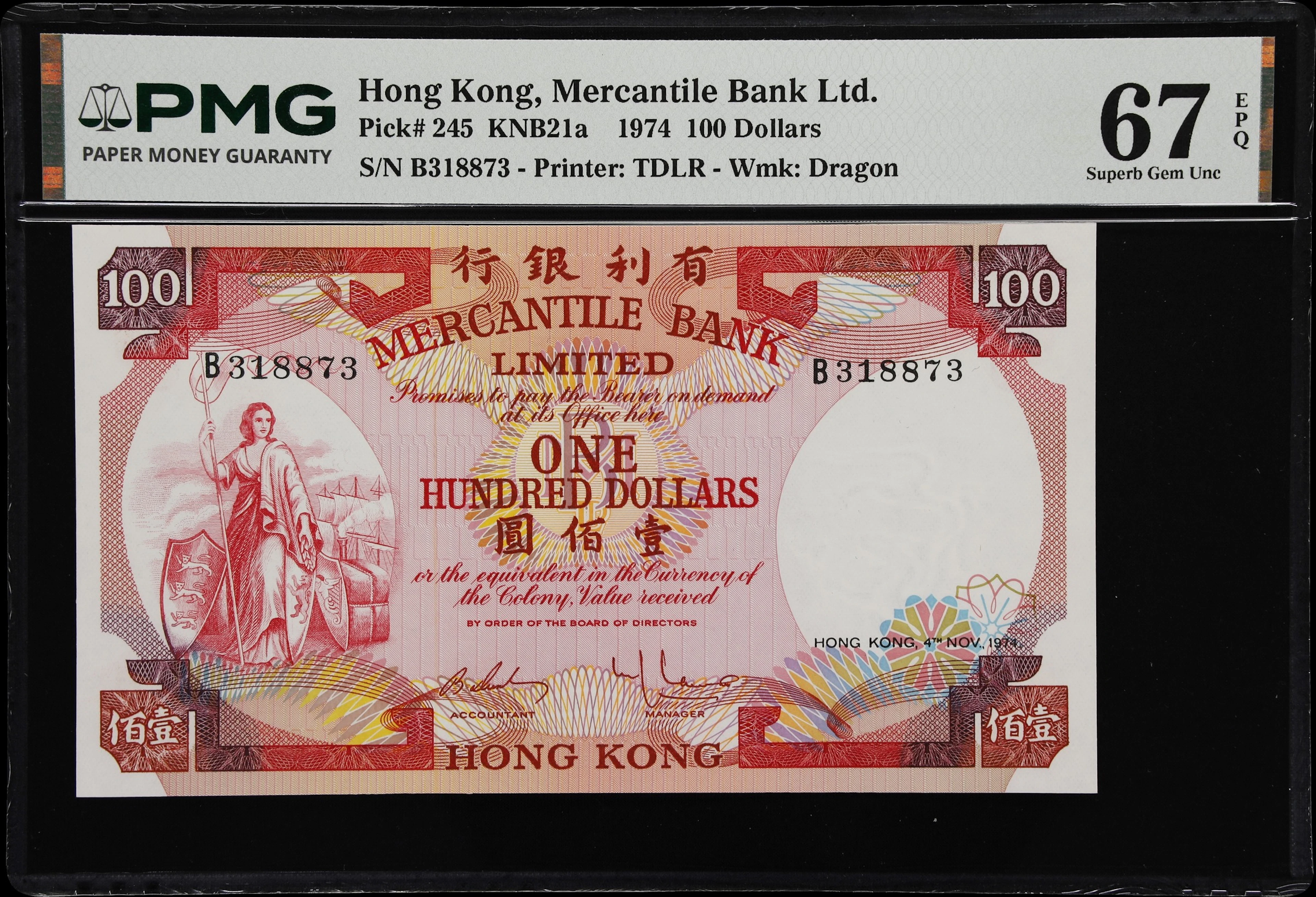 HONG KONG (SAR). Mercantile Bank Limited. 100 Dollars, 4.11.1974.
