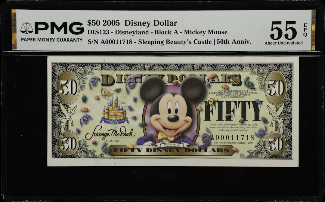 DIS123. Disney Dollar. Disneyland. 2005 $50. PMG About Uncirculated 55 EPQ.