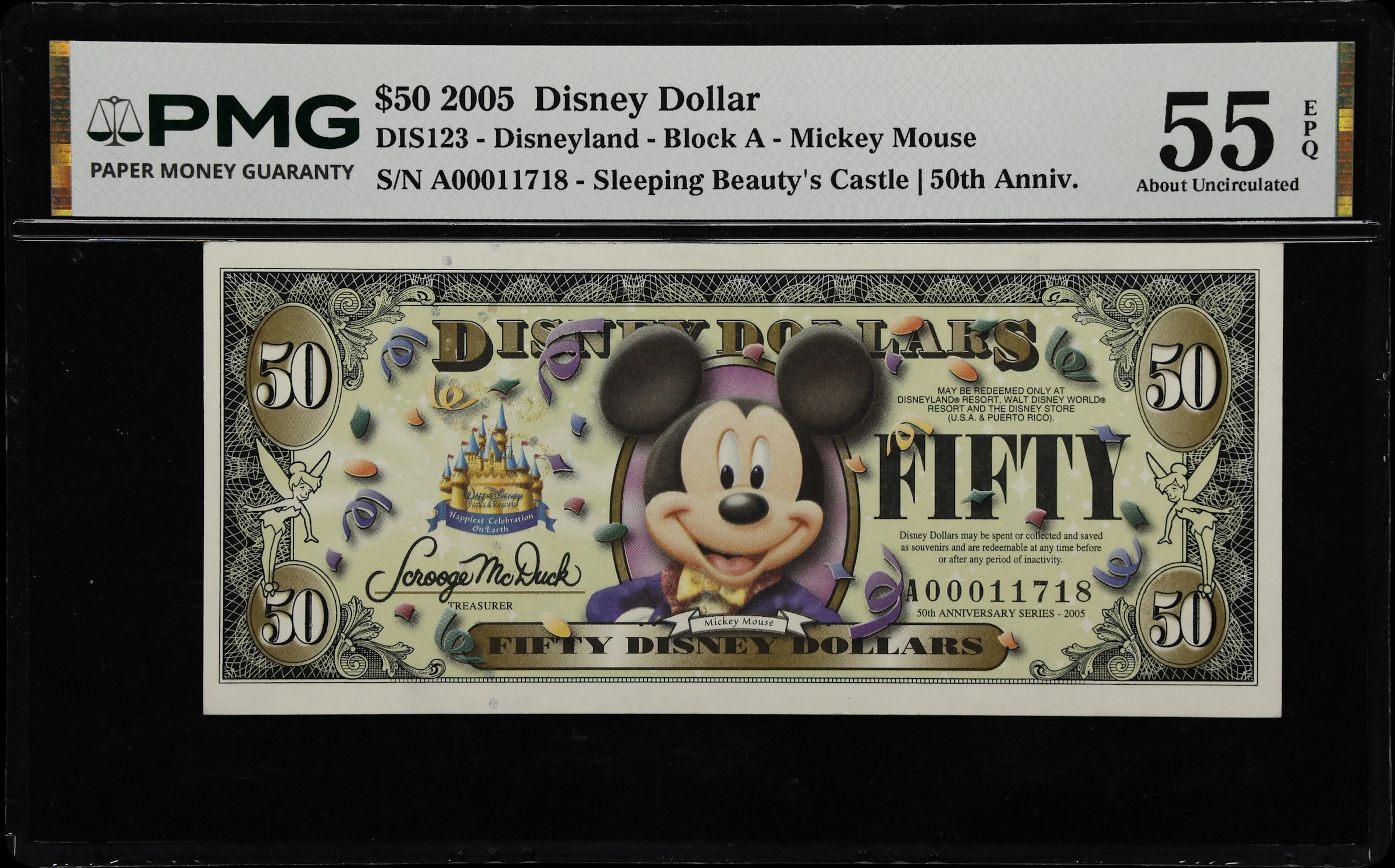 DIS123. Disney Dollar. Disneyland. 2005 $50. PMG About Uncirculated 55 EPQ.