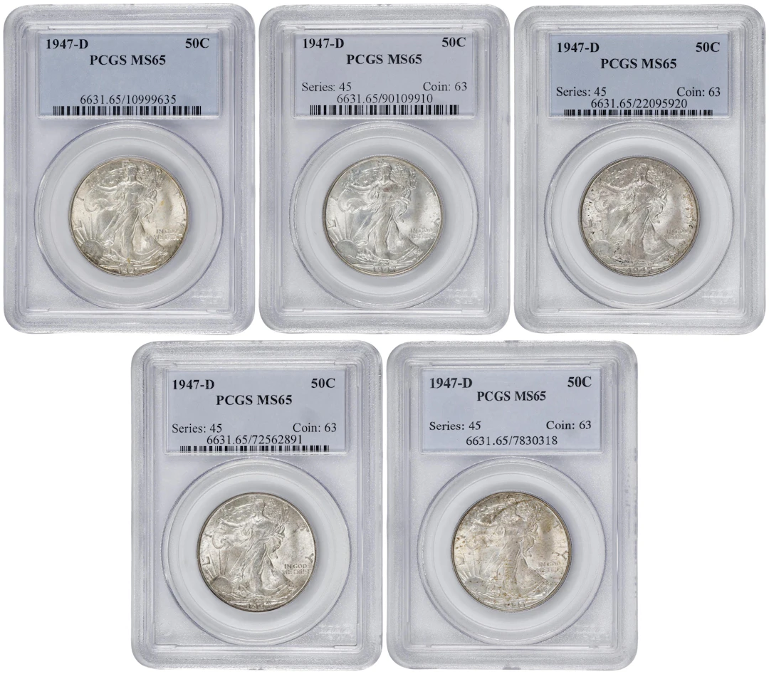 Lot of (5) 1947-D Walking Liberty Half Dollars. MS-65 (PCGS).