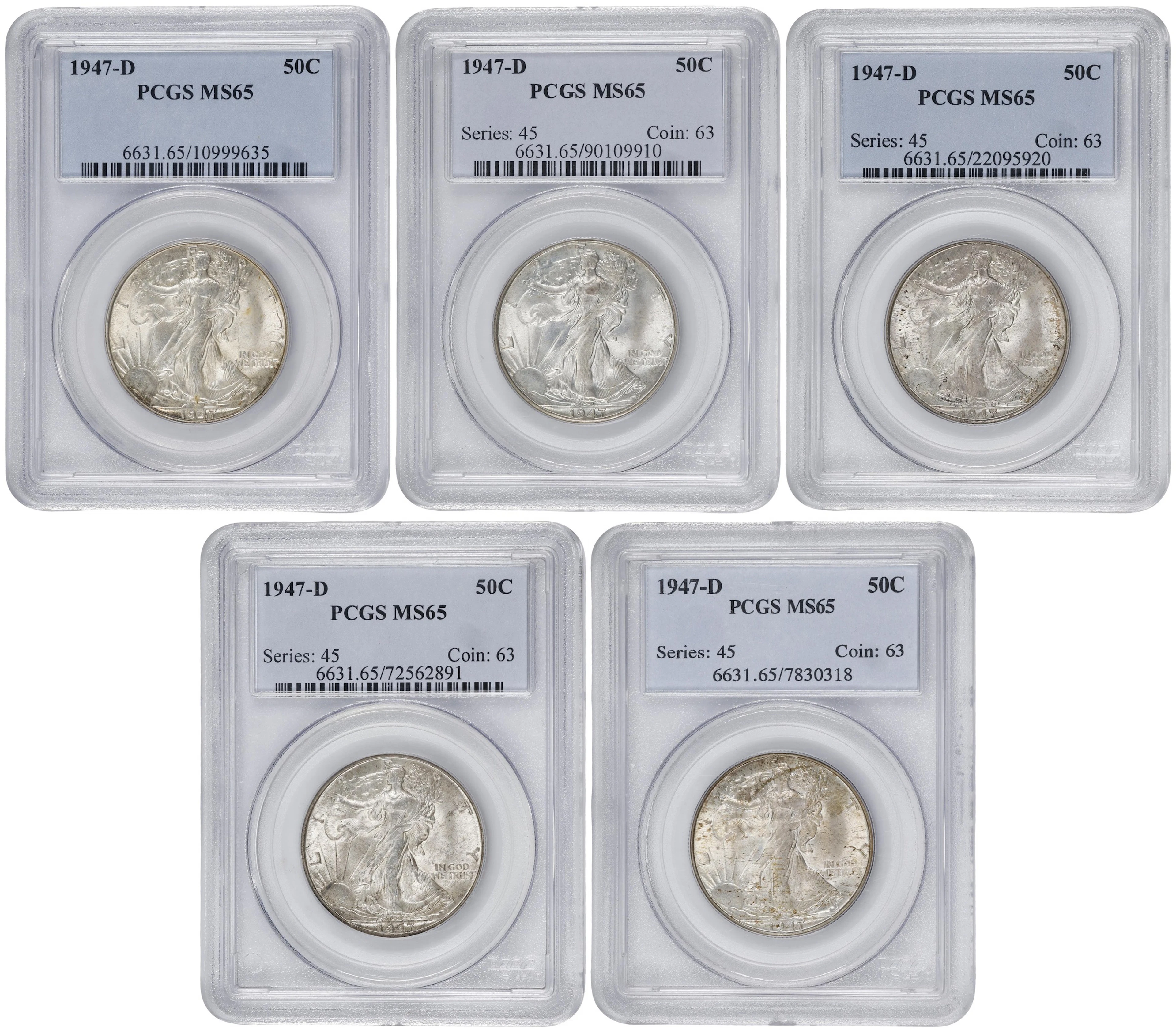 Lot of (5) 1947-D Walking Liberty Half Dollars. MS-65 (PCGS).