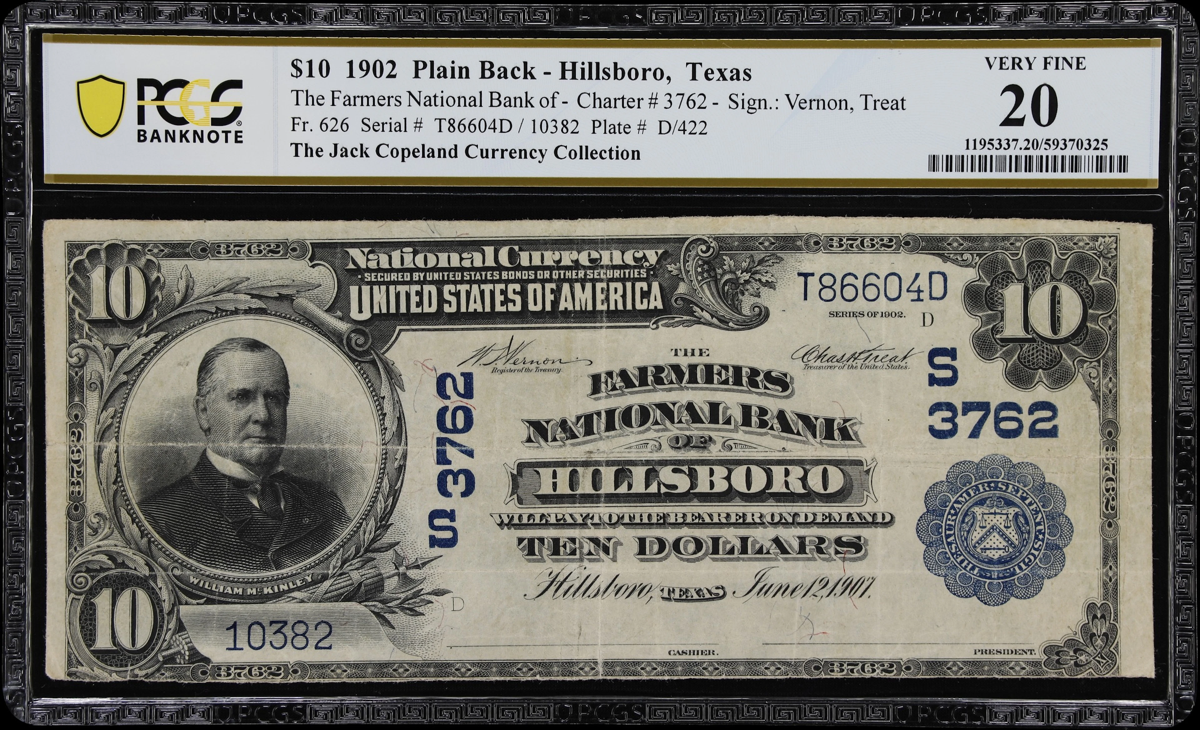 Hillsboro, Texas. $10 1902 Plain Back. Fr. 626. Farmers NB. Charter
