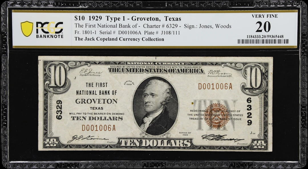 Groveton, Texas. $10 1929 Ty. 1. Fr. 1801-1. First NB. Charter #6329.