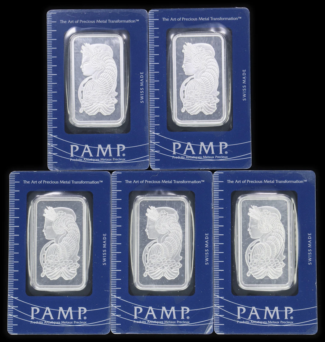 (5 oz, 155.52 g ASW). Lot of (5) PAMP 1 oz Silver Bars.