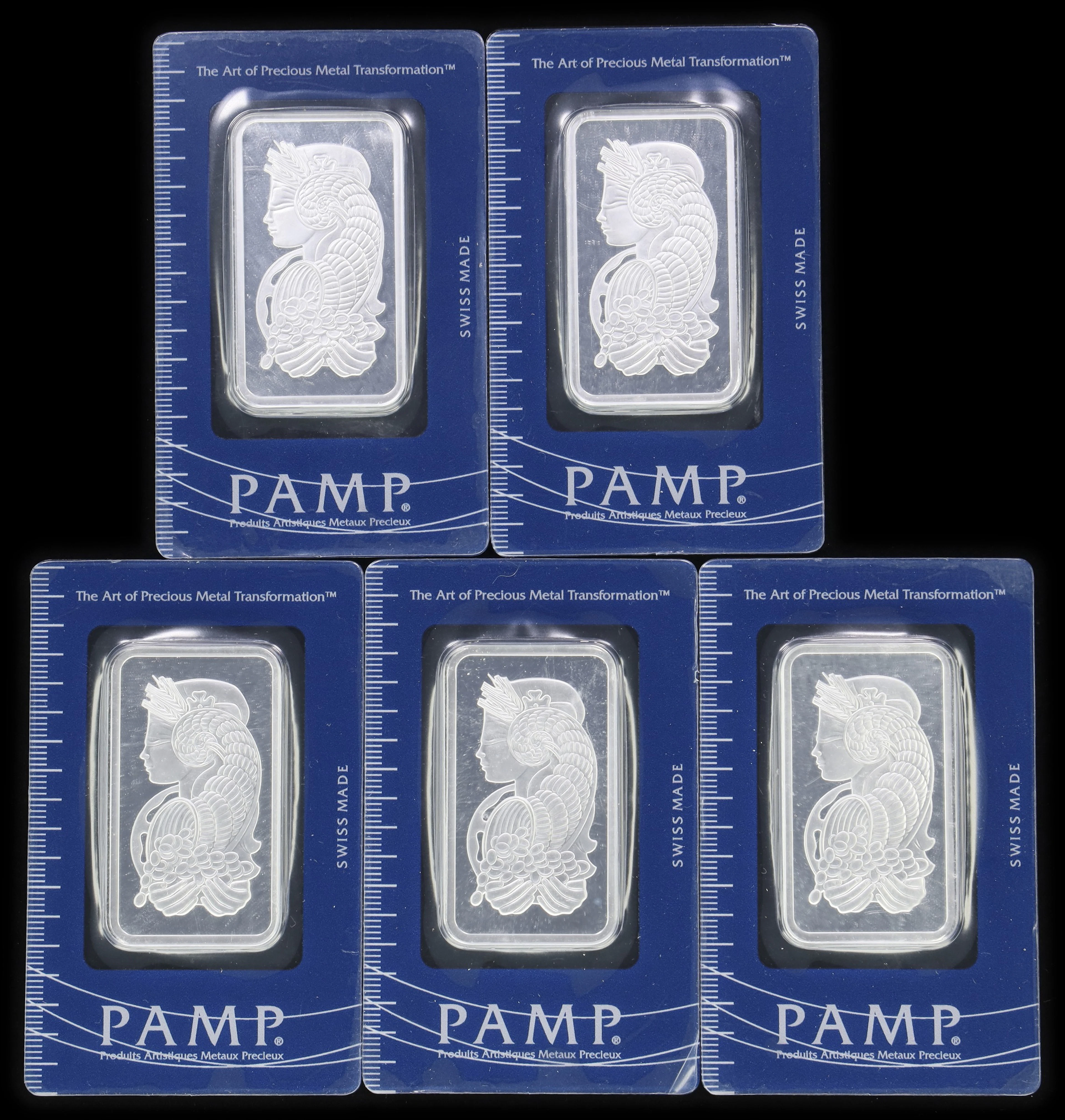 (5 oz, 155.52 g ASW). Lot of (5) PAMP 1 oz Silver Bars.