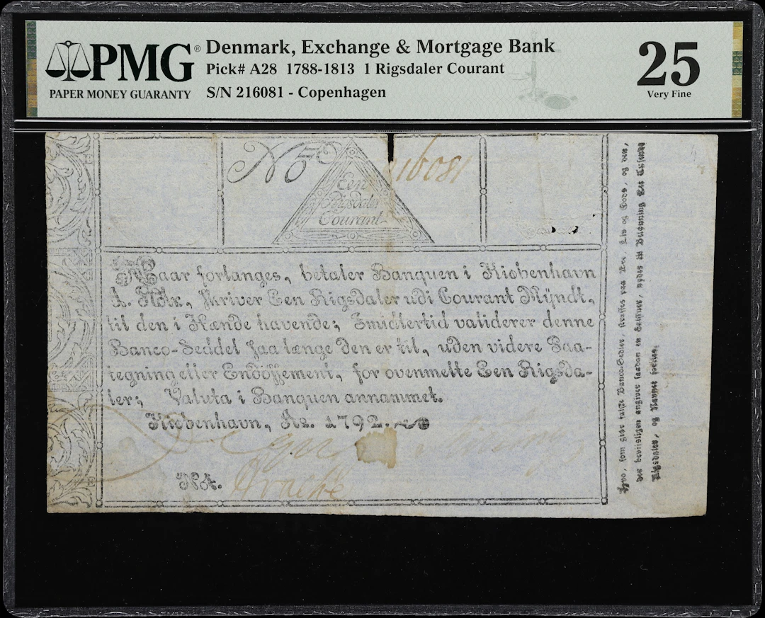 (◊) DENMARK. Exchange & Mortgage Bank. 1 Rigsdaler Courant, 1792.