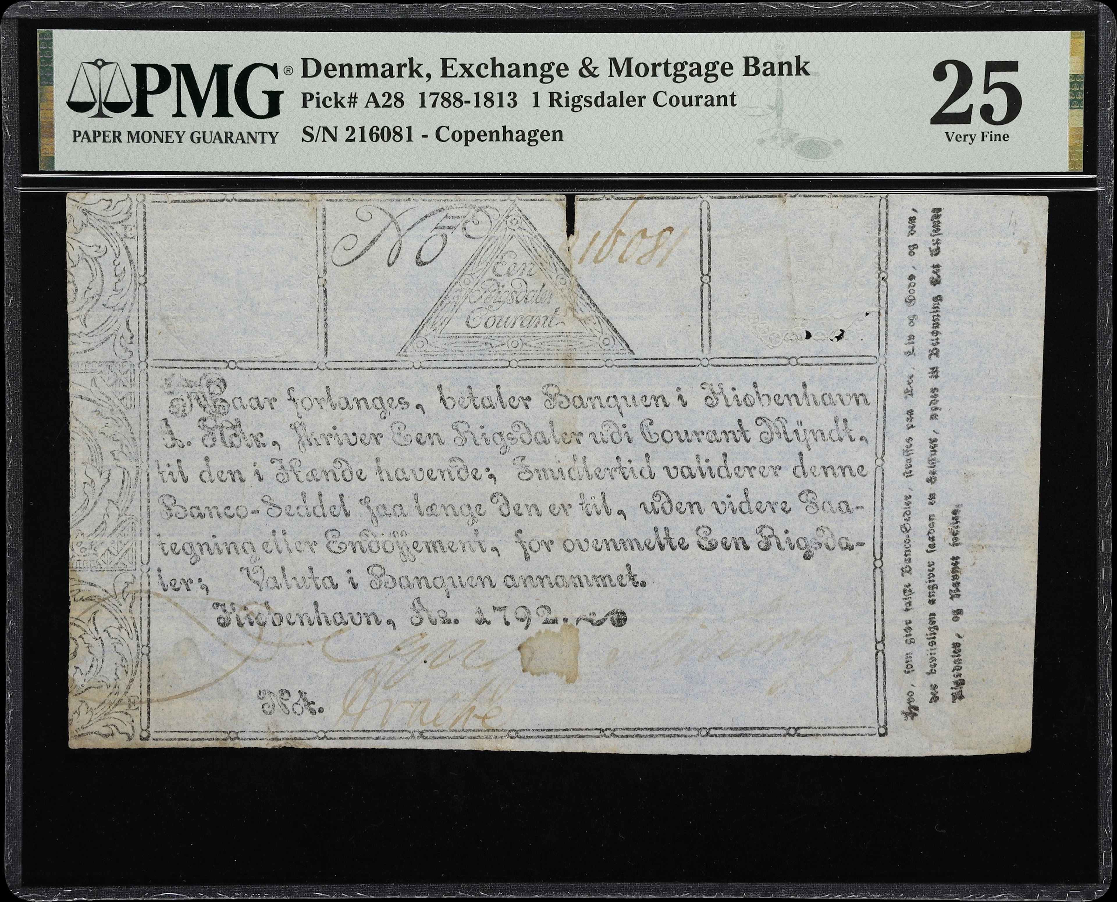 (◊) DENMARK. Exchange & Mortgage Bank. 1 Rigsdaler Courant, 1792.