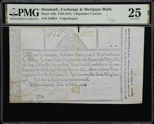 (◊) DENMARK. Exchange & Mortgage Bank. 1 Rigsdaler Courant, 1792.