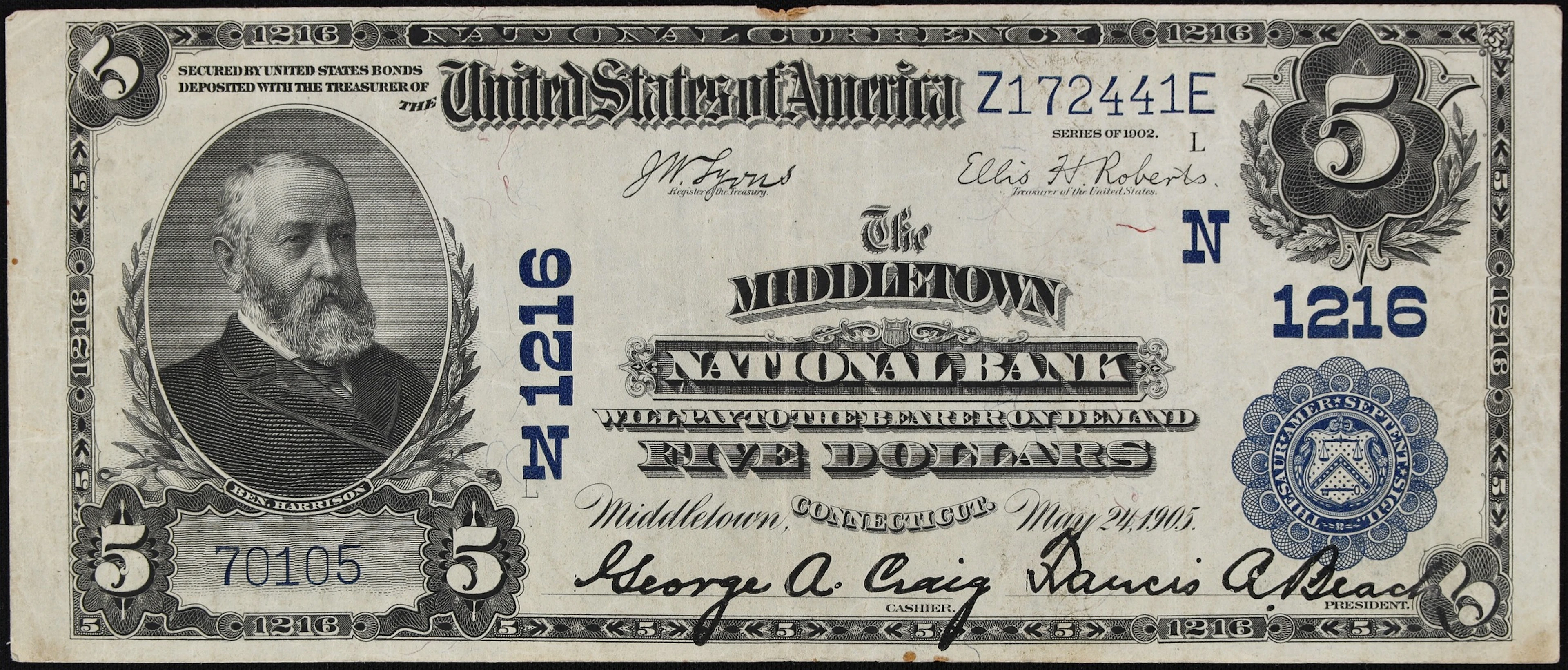 Middletown, Connecticut. $5 1902 Plain Back. Fr. 598. The Middletown