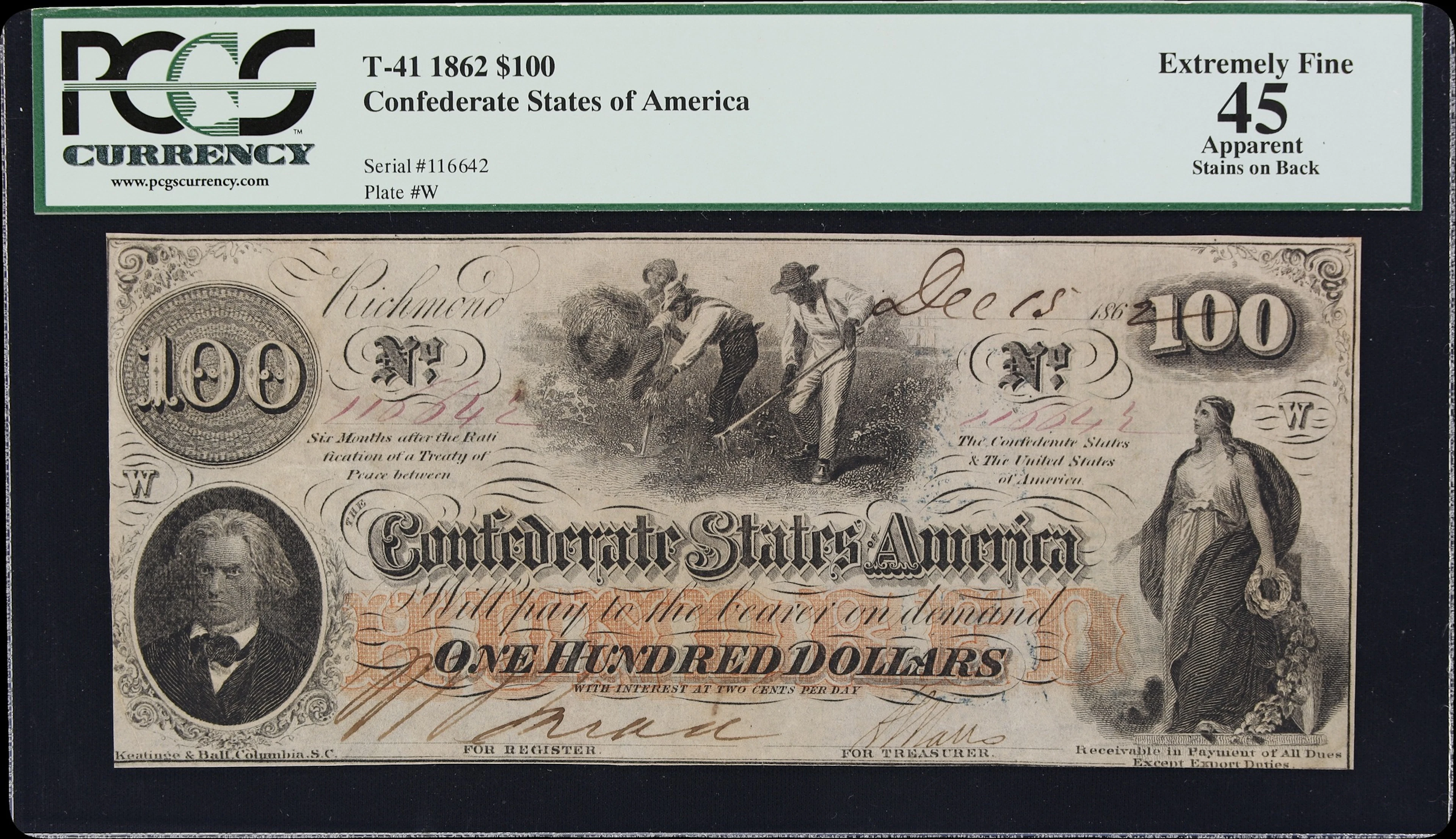 T-41. Confederate Currency. 1862 $100. PCGS Currency Extremely Fine