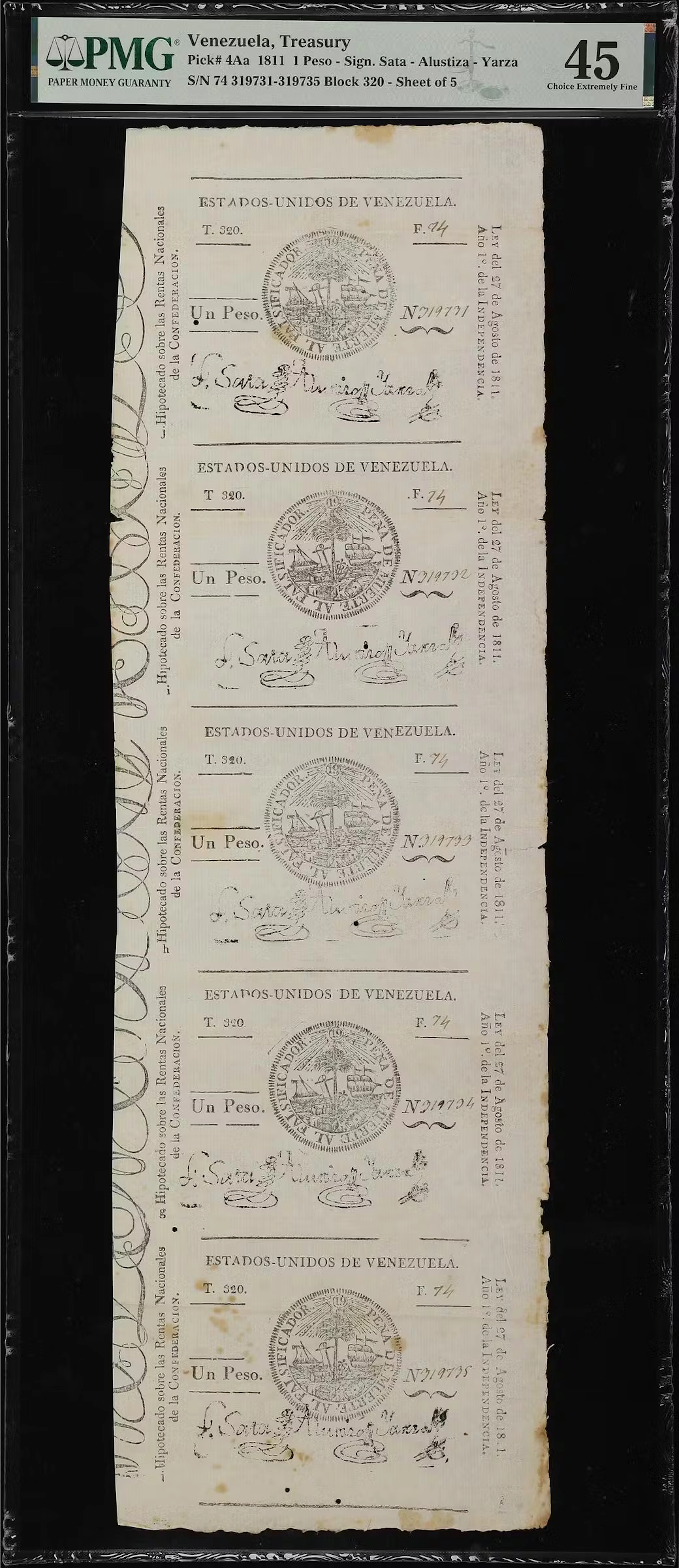 VENEZUELA. Estados Unidos de Venezuela. 1 Peso, 27.8.1811. P-4Aa.