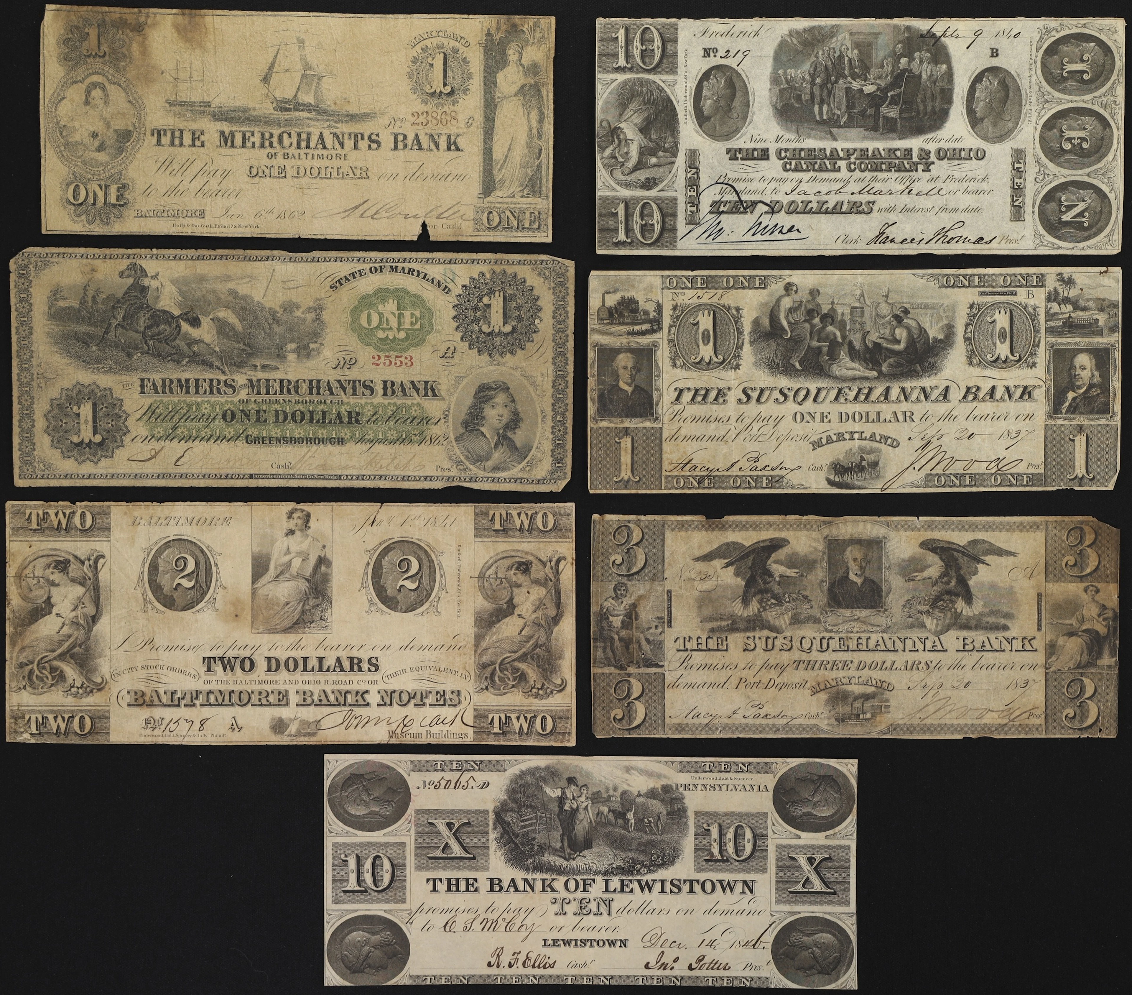 Lot of (7) Maryland & Pennsylvania Obsoletes. Mixed Issuers. 1837