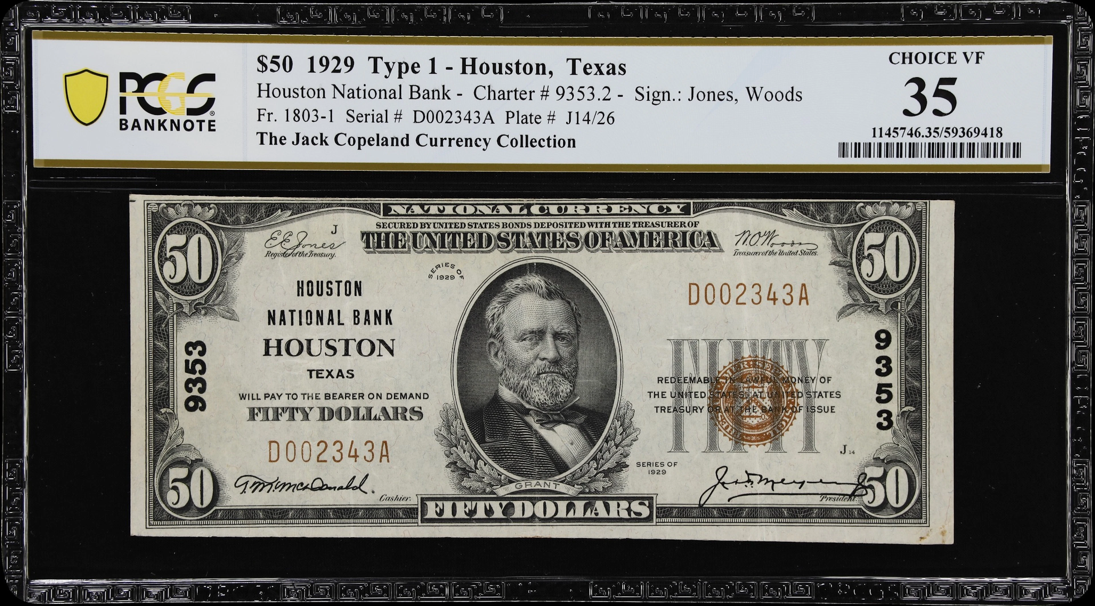 Houston, Texas. $50 1929 Ty. 1. Fr. 1803-1. Houston NB. Charter #9353.