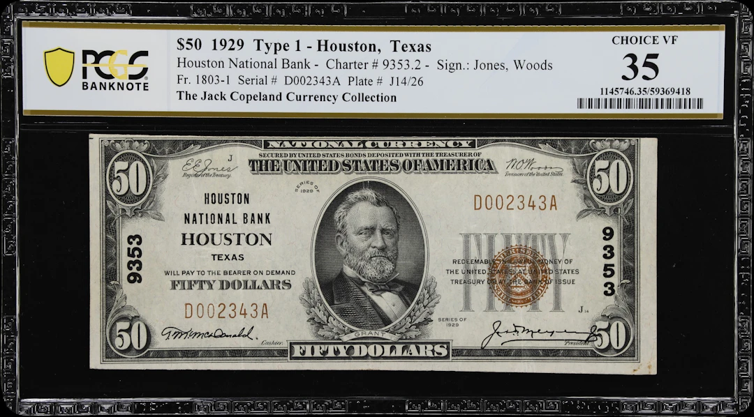 Houston, Texas. $50 1929 Ty. 1. Fr. 1803-1. Houston NB. Charter #9353.