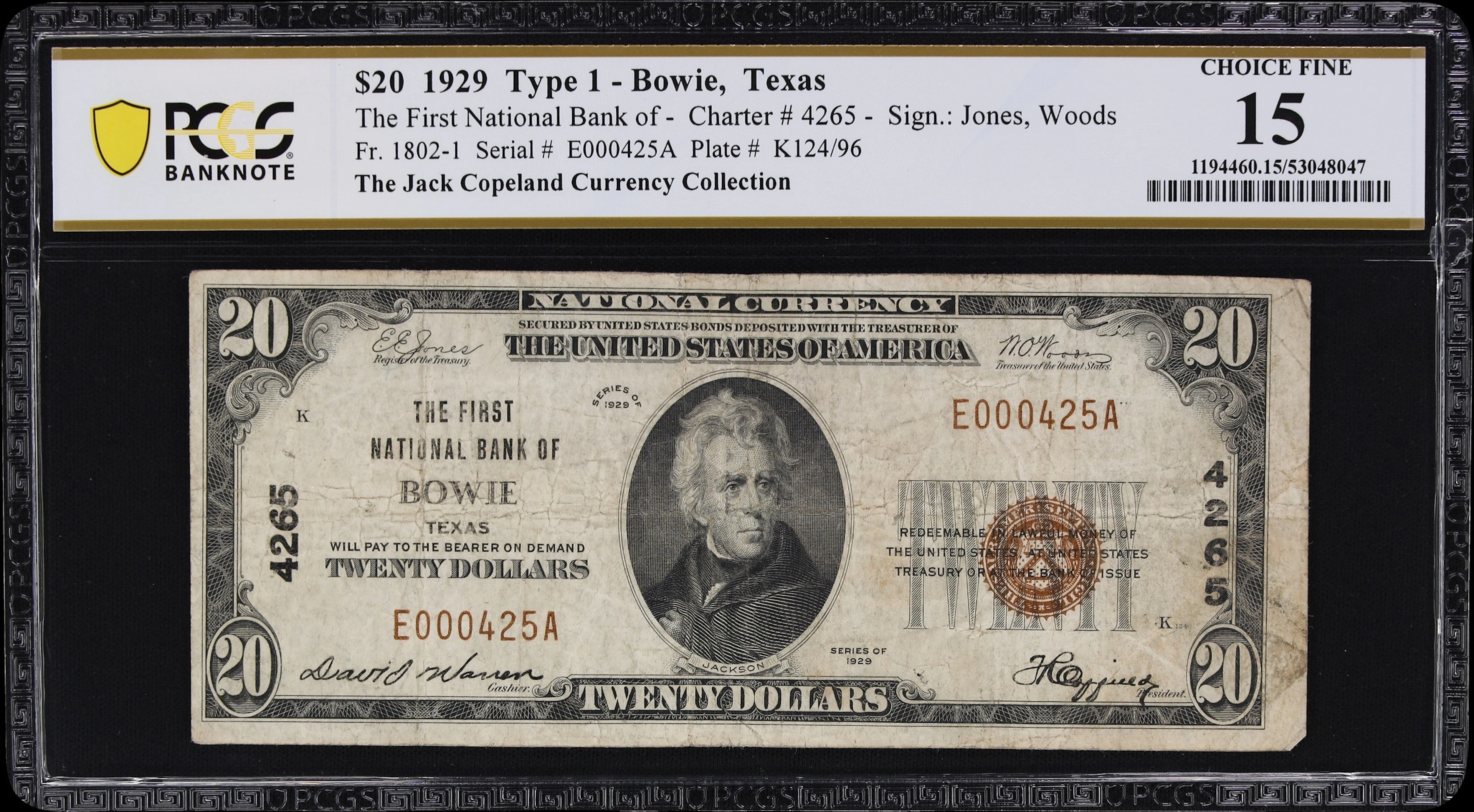 Bowie, Texas. $20 1929 Ty. 1. Fr. 1802-1. First NB. Charter #4265.